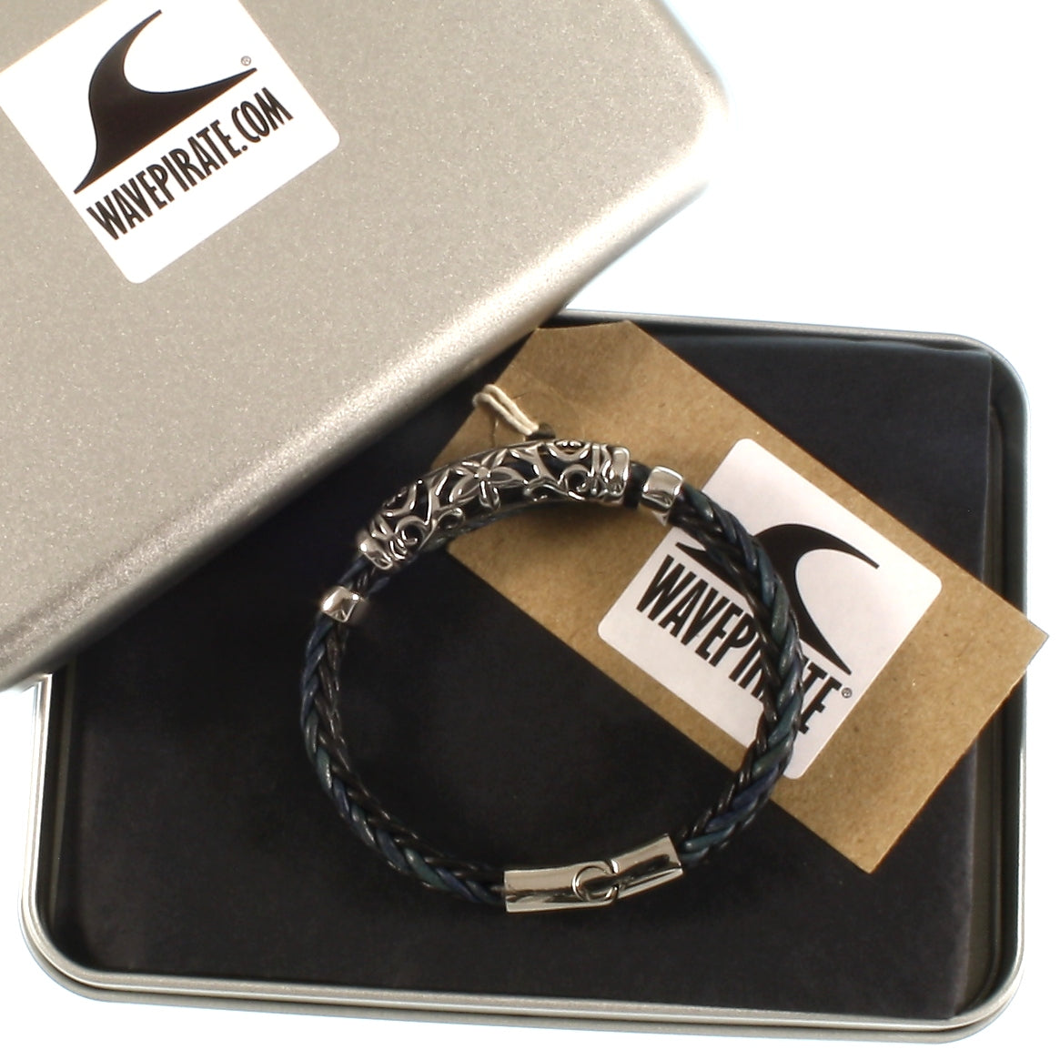 Herren-Leder-Armband-xo-schwarz-blau-geflochten-Edelstahlverschluss-geschenkverpackung-wavepirate-shop-z8