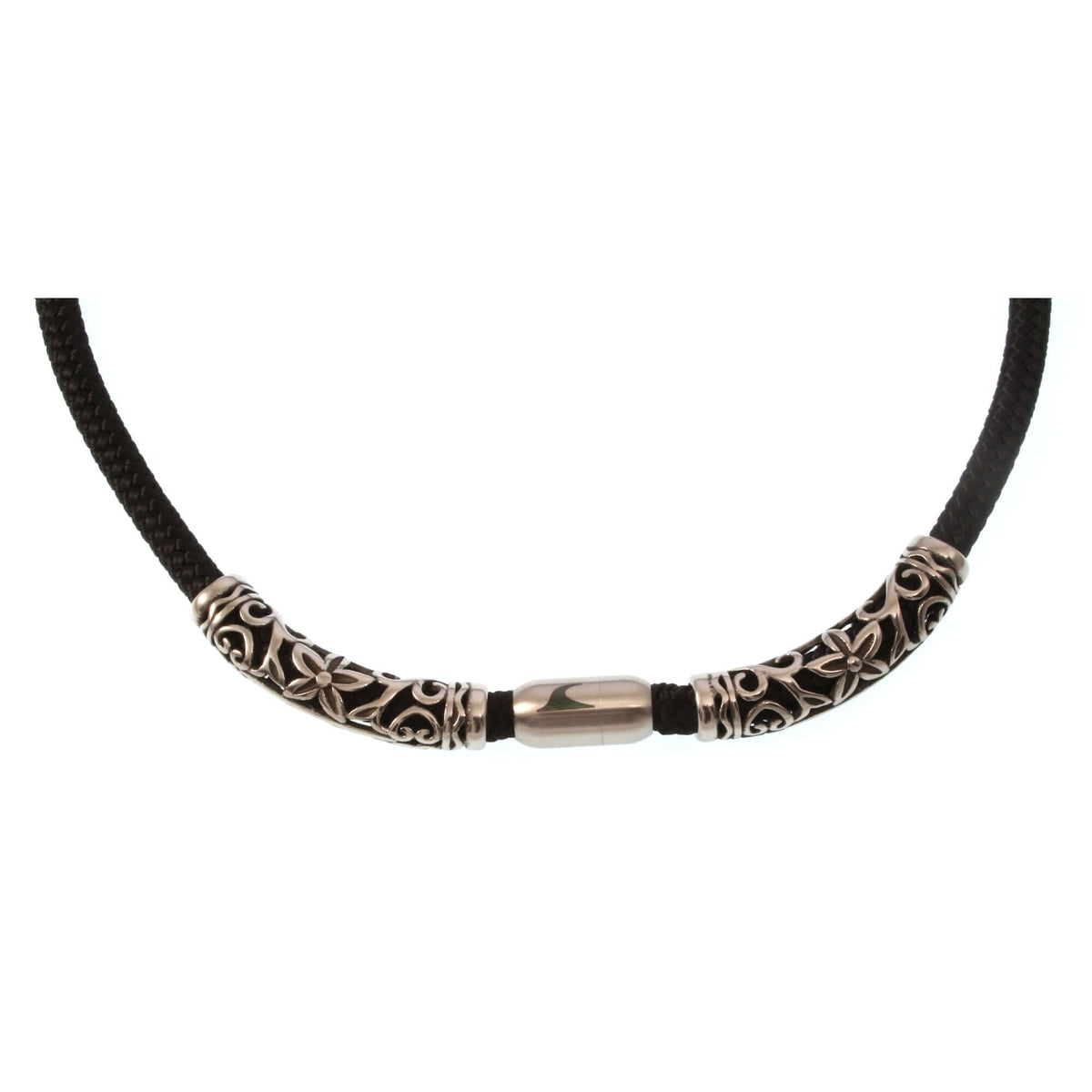 Herren-segeltau-halskette-damen-xo2-schwarz-silber-geflochten-Edelstahlverschluss-detail-wavepirate-shop-st