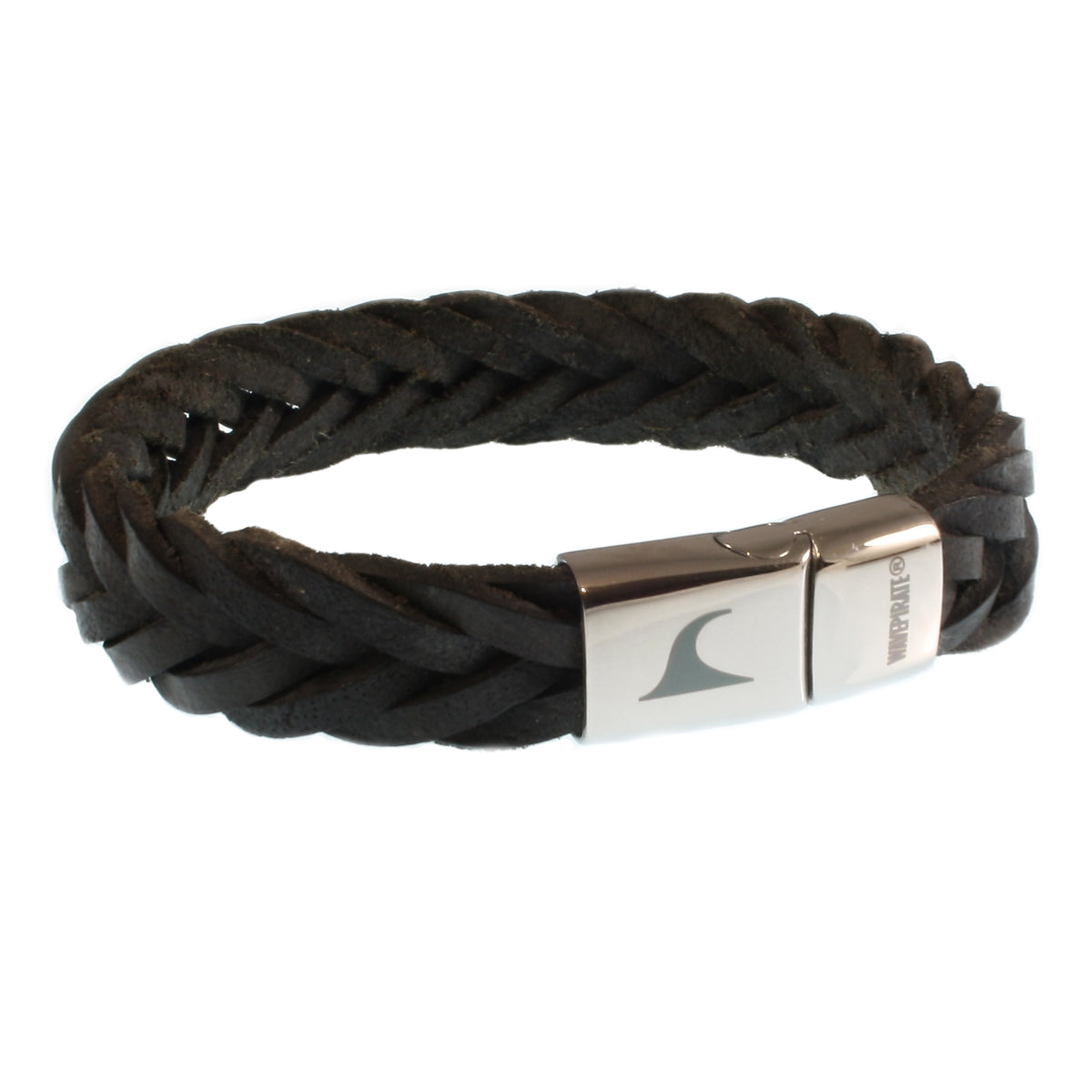 Leder-Armband-Herren-Tarifa-schwarz-geflochten-flach-Edelstahlverschluss-vorn-wavepirate-shop-f15