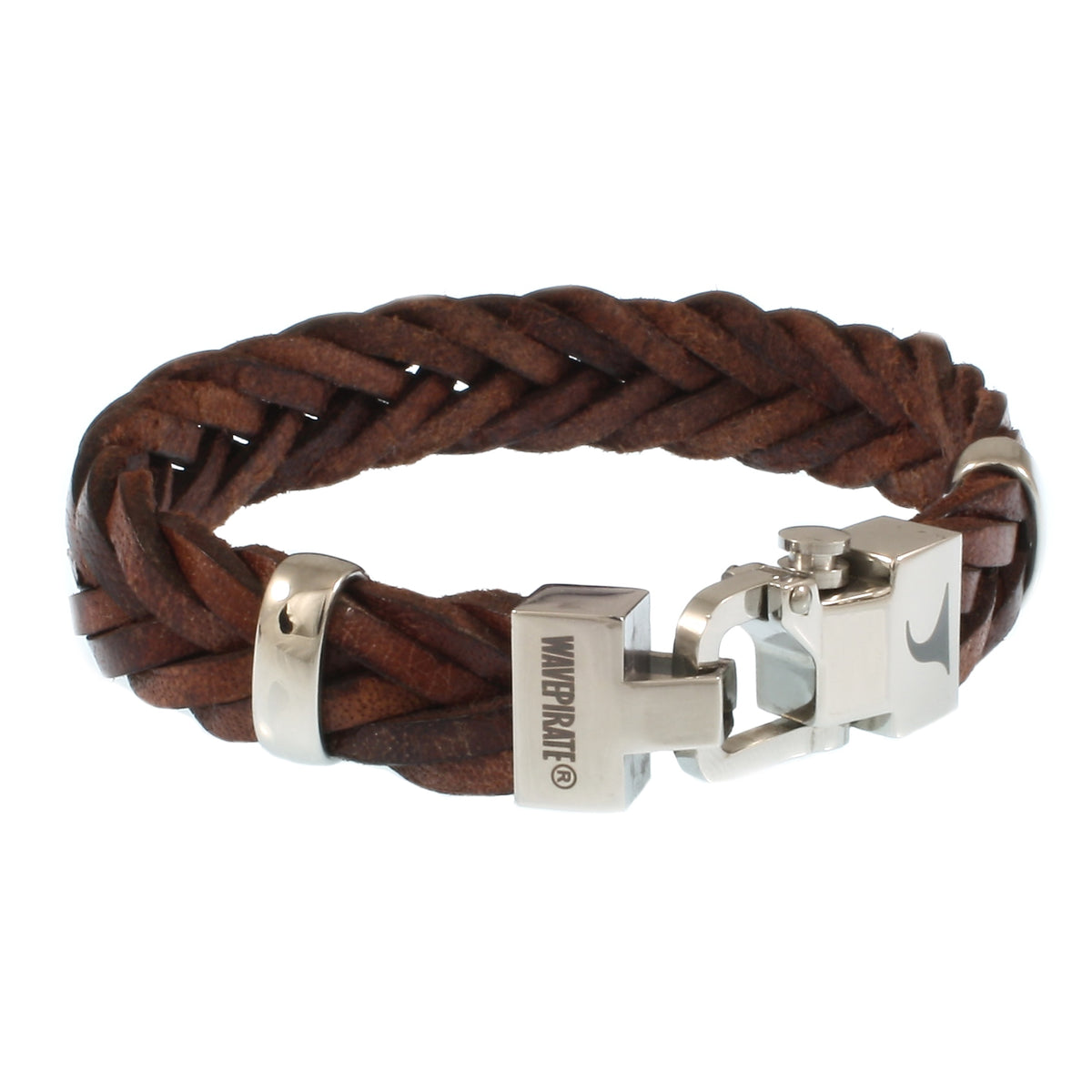 Leder-Armband-Herren-Turn-braun-geflochten-flach-Edelstahlverschluss-vorn-wavepirate-shop-f15