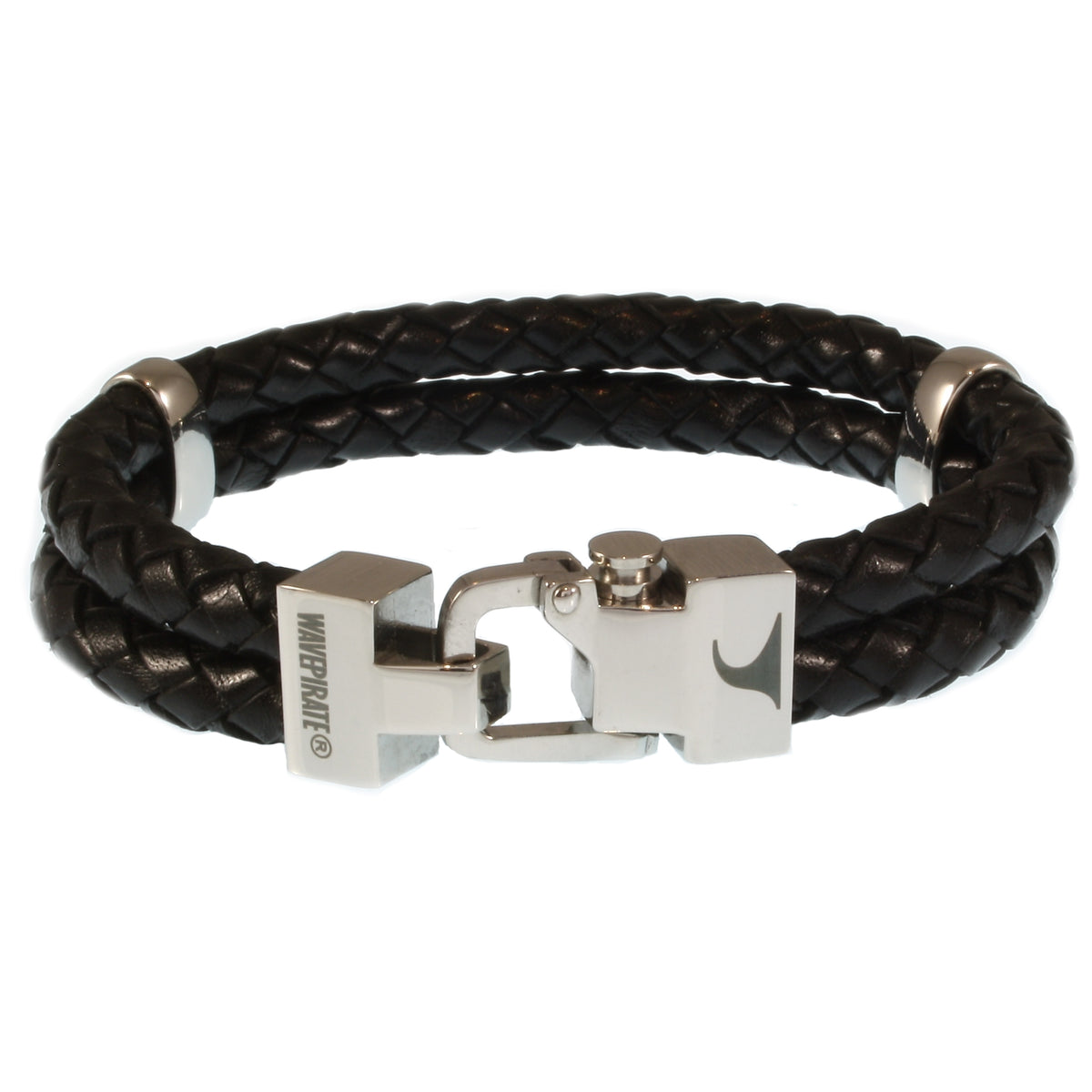 Leder-Armband-Herren-Turn-schwarz-geflochten-Edelstahlverschluss-vorn-wavepirate-shop-f