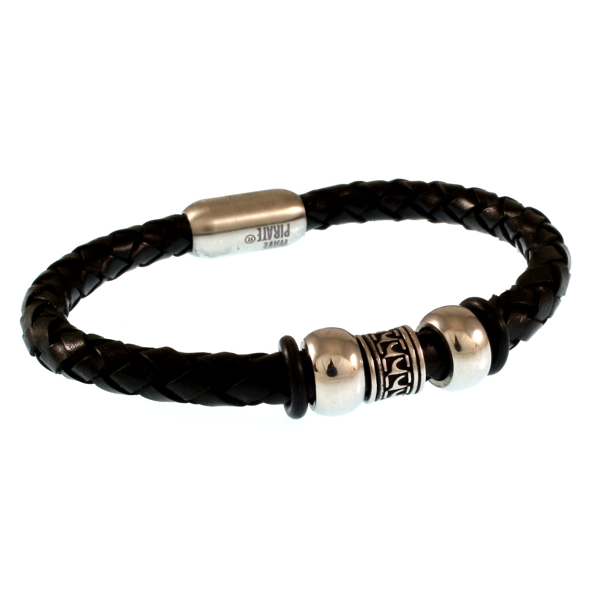 Leder-Armband-Herren-atoll-schwarz-silber-geflochten-Edelstahlverschluss-vorn-wavepirate-shop-f