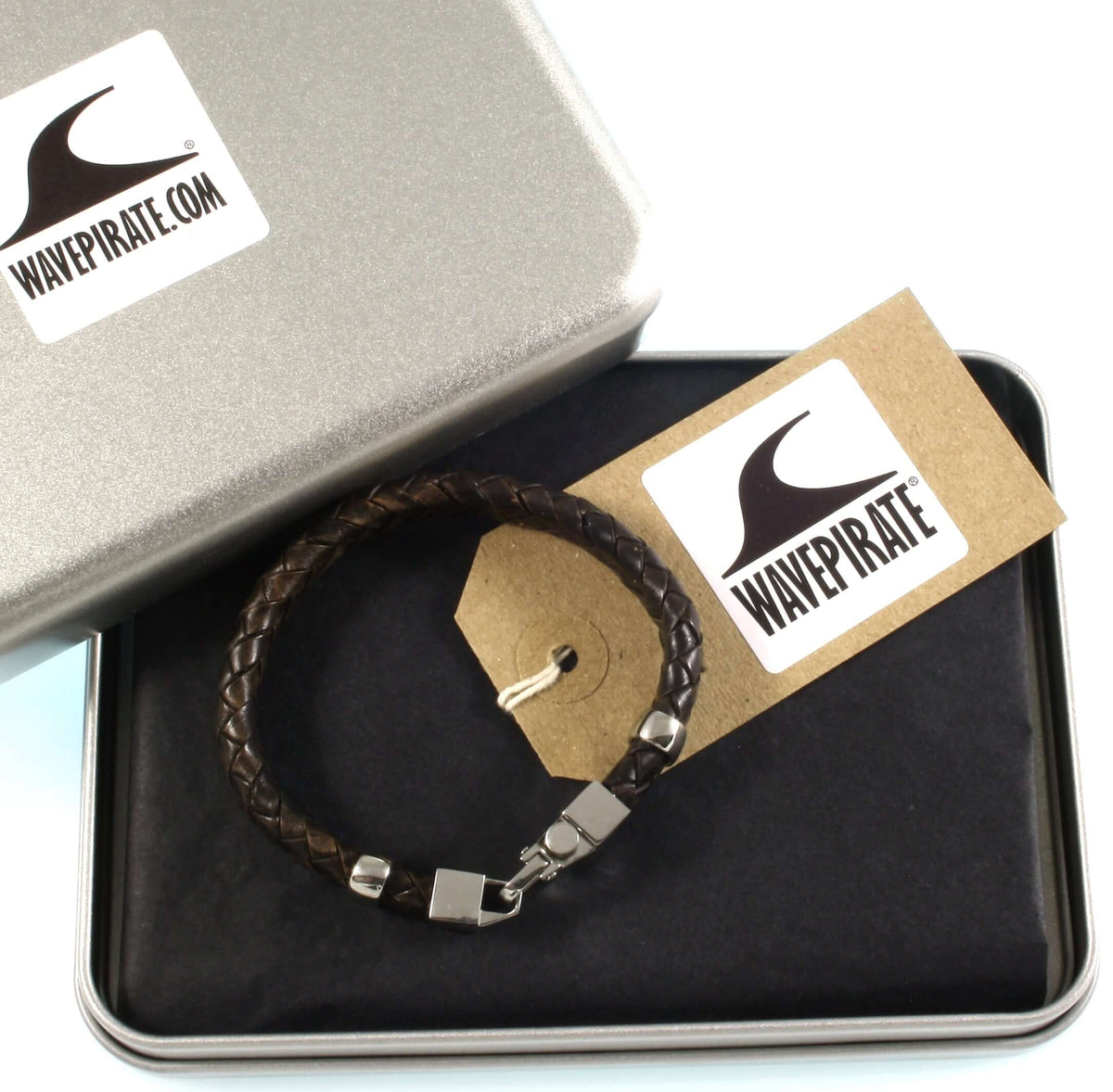 Herren-Leder-Armband-Turn-dunkelbraun-geflochten-oval-Edelstahlverschluss-verpackt-wavepirate-shop-ov