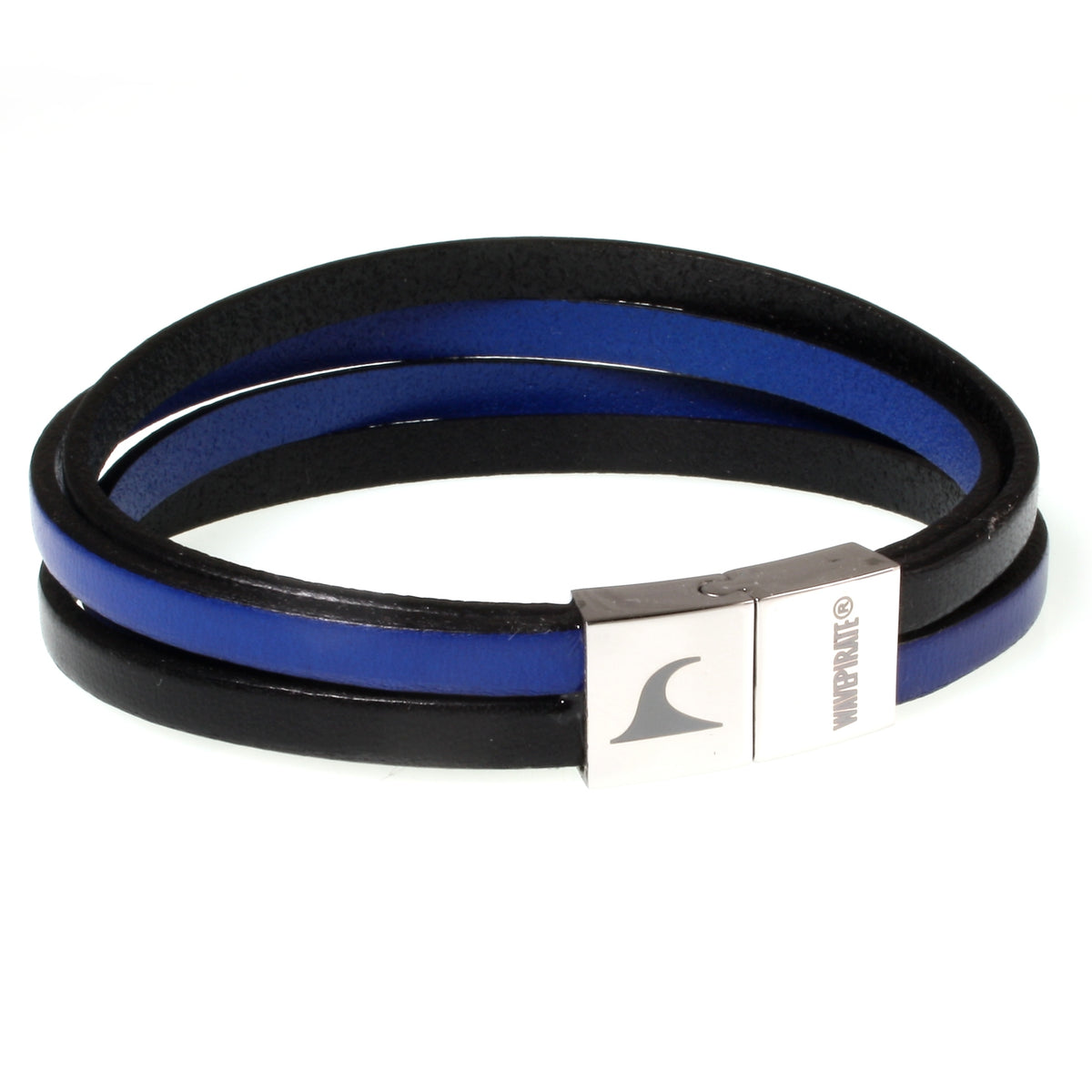 Herren-Leder-Armband-Twist-schwarz-blau-flach-Edelstahlverschluss-vorn-wavepirate-shop