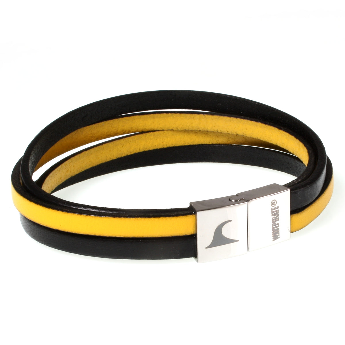 Herren-Leder-Armband-Twist-schwarz-gelb-flach-Edelstahlverschluss-vorn-wavepirate-shop
