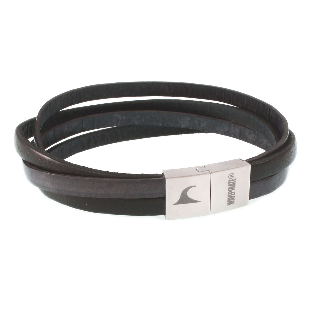 Herren-Leder-Armband-Twist-schwarz-grau-flach-Edelstahlverschluss-vorn-wavepirate-shop