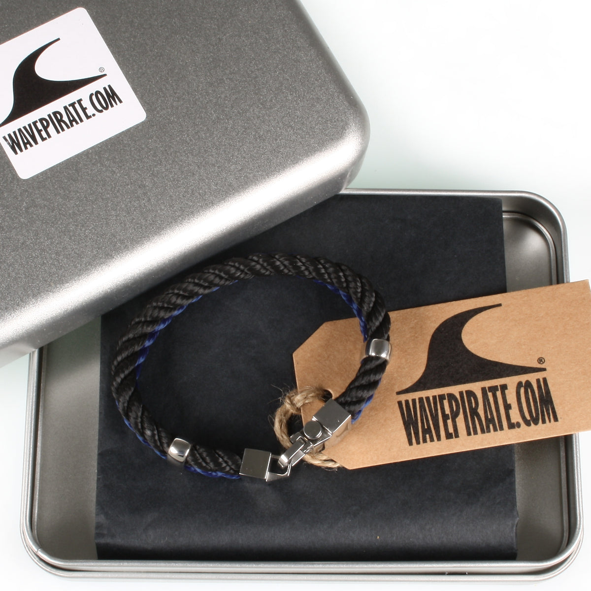Segeltau-Armband-Herren-Turn-schwarz-koenigsblau-geflochten-Kordel-Edelstahlverschluss-verpackt-wavepirate-shop-k