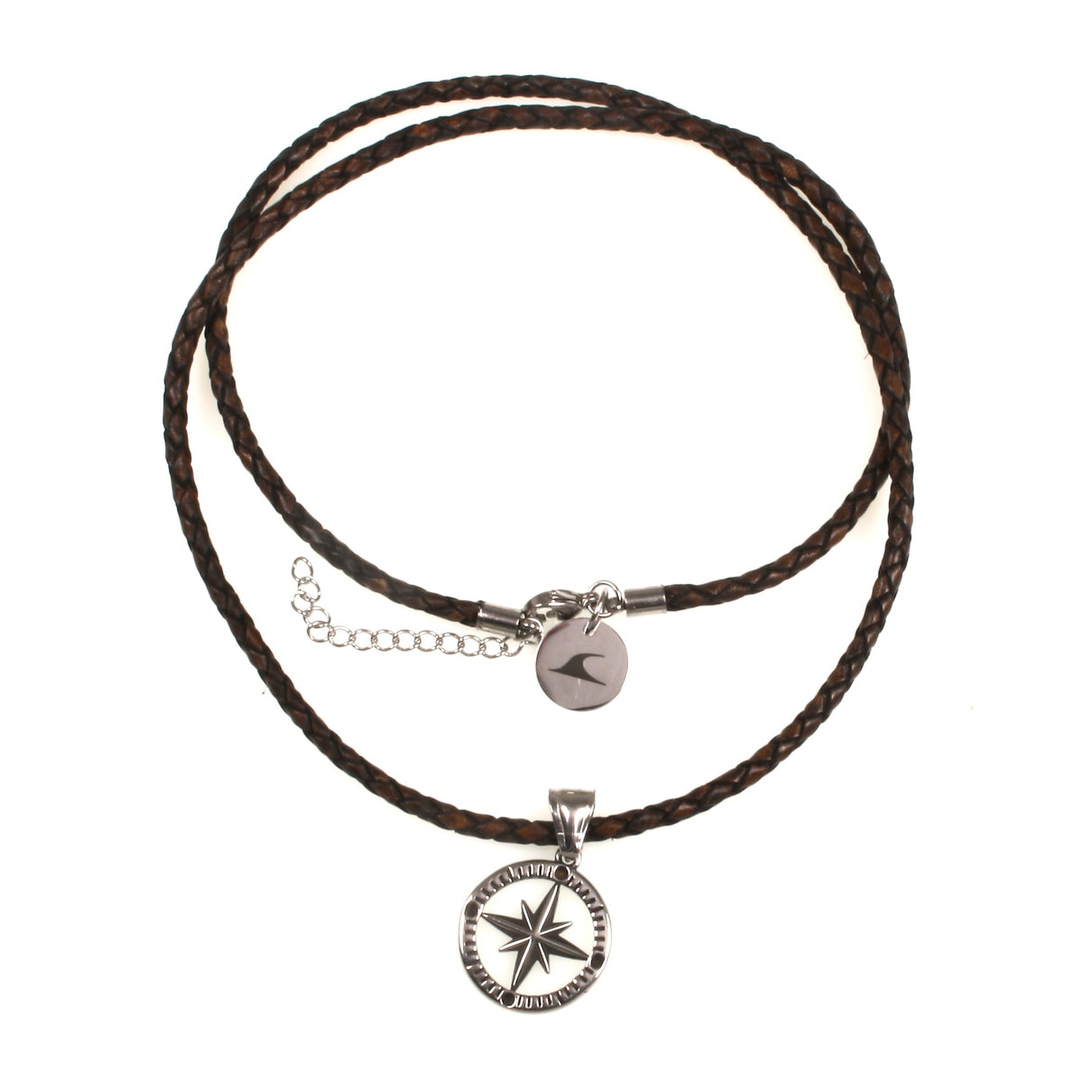 leder-halskette-Herren-damen-kompass-windrose-braun-geflochten-Edelstahlverschluss-vorn-wavepirate-shop-f