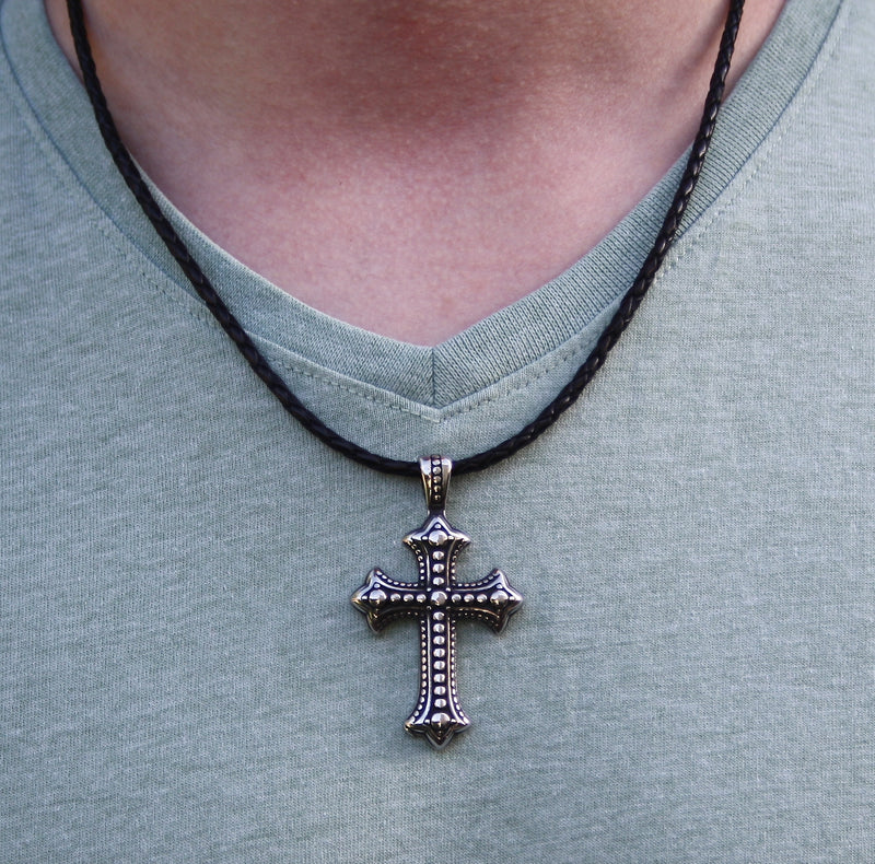 leder-halskette-Herren-damen-kreuz-schwarz-geflochten-Edelstahlverschluss-getragen-wavepirate-shop-f