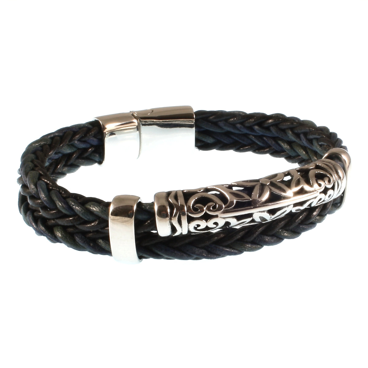 lederarmband-herren-schwarz-blau-xo-geflochten-Edelstahlverschluss-vorn-wavepirate-shop-z8