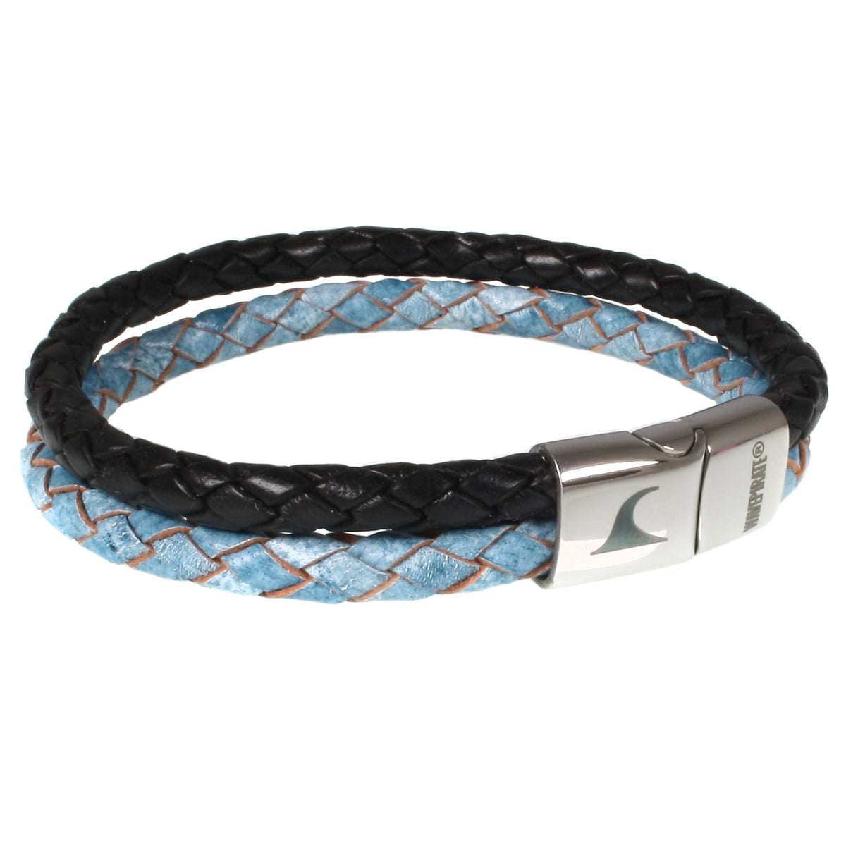 lederarmband-herren-schwarz-hellblau-swell-geflochten-Edelstahlverschluss-vorn-wavepirate-shop-sw