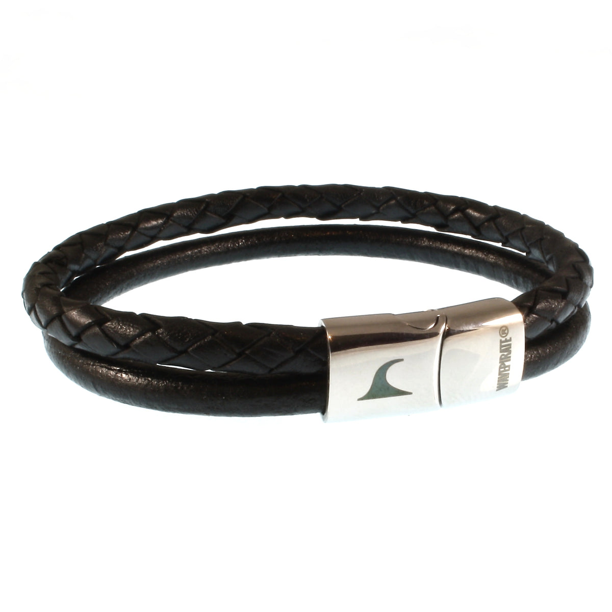 lederarmband-herren-schwarz-swell-geflochten-Edelstahlverschluss-vorn-wavepirate-shop-mx