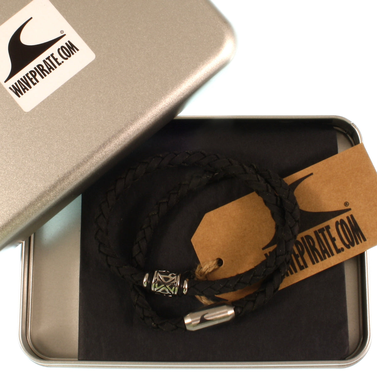 lederhalskette-Herren-damen-schwarz-shine-silber-geflochten-Edelstahlverschluss-geschenkverpackung-wavepirate-shop-v1si