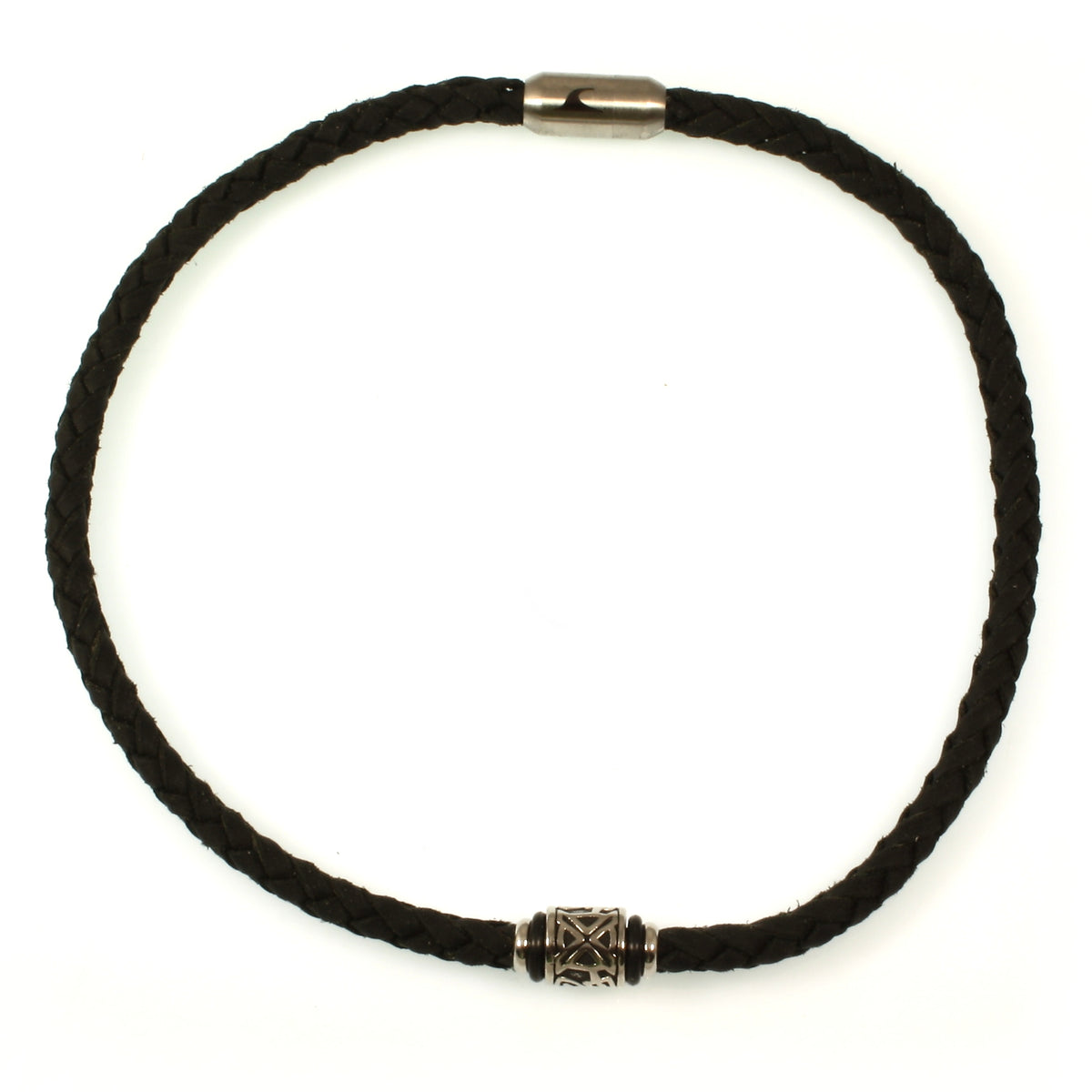 lederhalskette-Herren-damen-schwarz-shine-silber-geflochten-Edelstahlverschluss-vorn-wavepirate-shop-v1