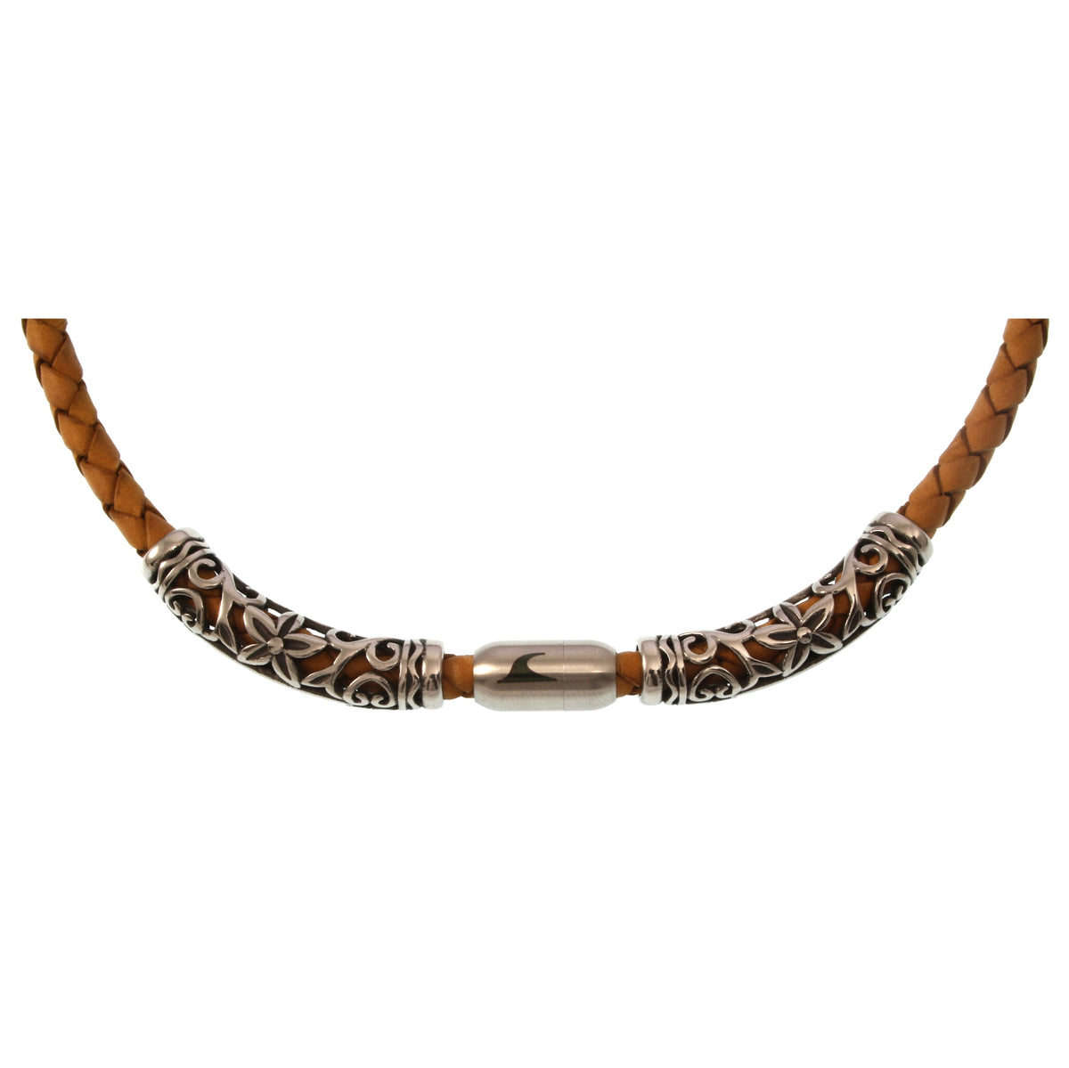 lederhalskette-herren-damen-cognac-silber-xo2-geflochten-Edelstahlverschluss-detail-wavepirate-shop-f