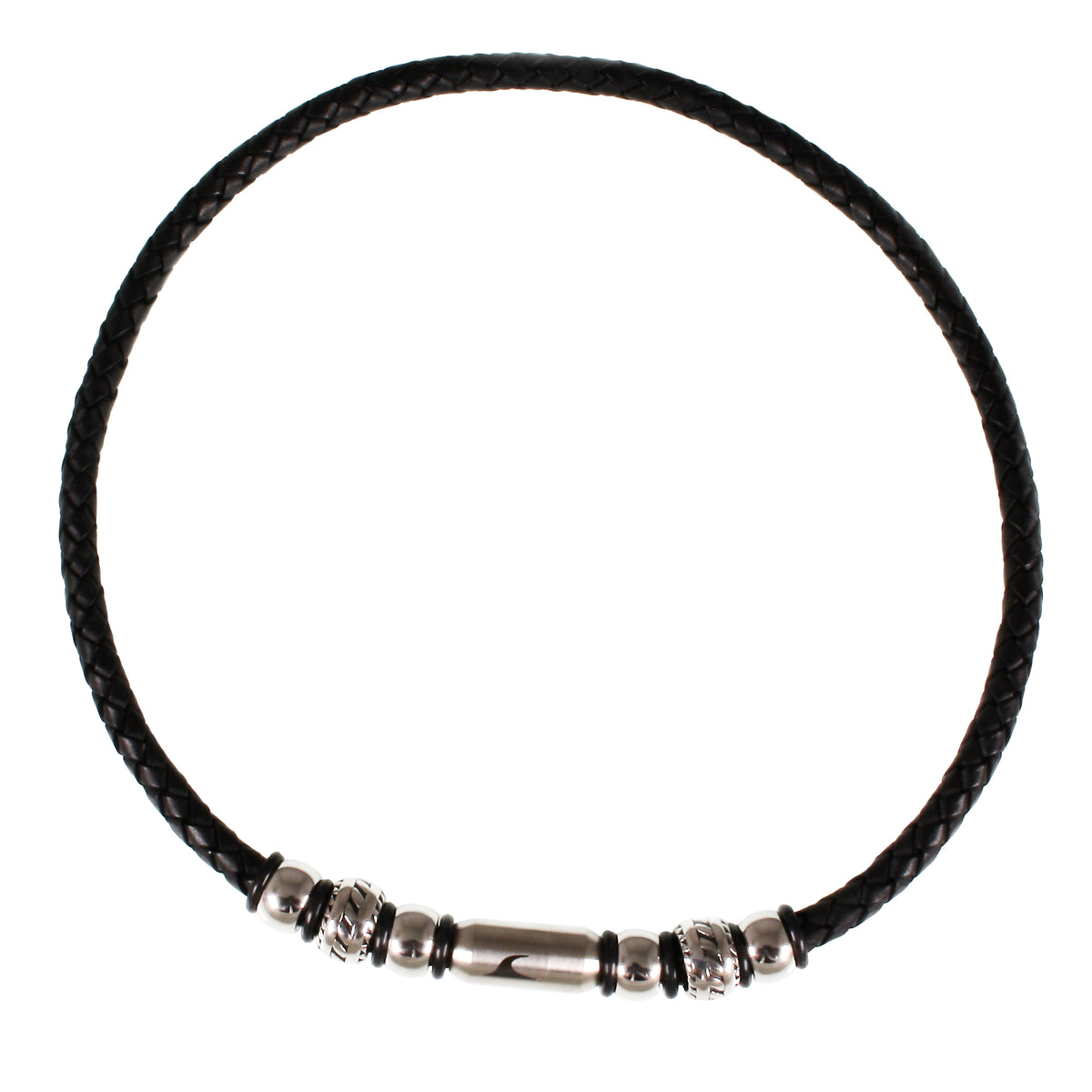 lederhalskette-herren-schwarz-silber-steel-geflochten-Edelstahlverschluss-vorn-wavepirate-shop-f1