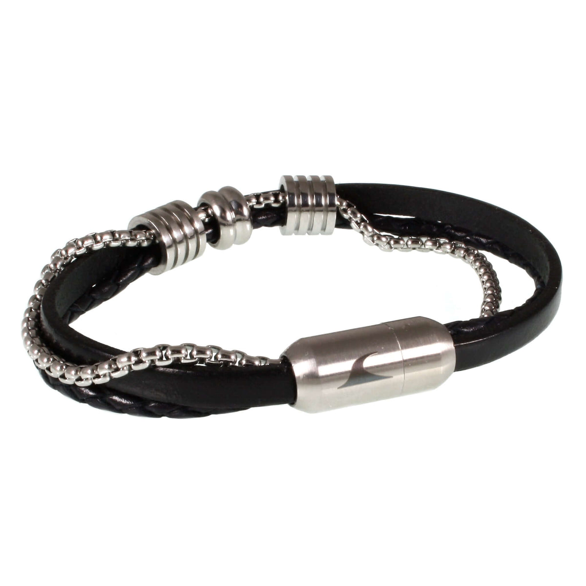 Herren-Leder-Armband-Edelstahlkette-Lex-Schwarz-geflochten-Edelstahlverschluss-vorn-wavepirate-shop-fr