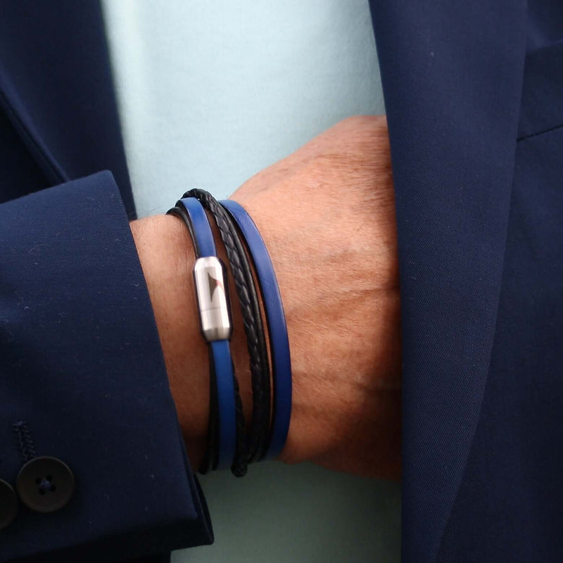 Herren-Leder-Armband-Mixed-schwarz-blau-rund-Edelstahlverschluss-getragen-wavepirate-shop-lf