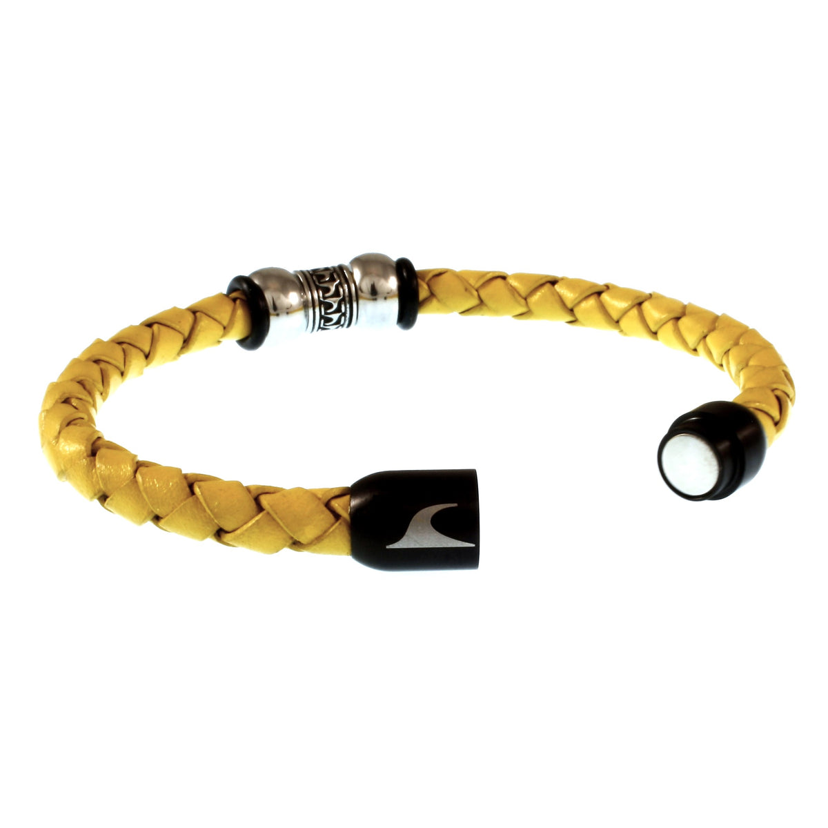 Herren-Leder-Armband-atoll-gelb-schwarz-geflochten-Edelstahlverschluss-offen-wavepirate-shop-f