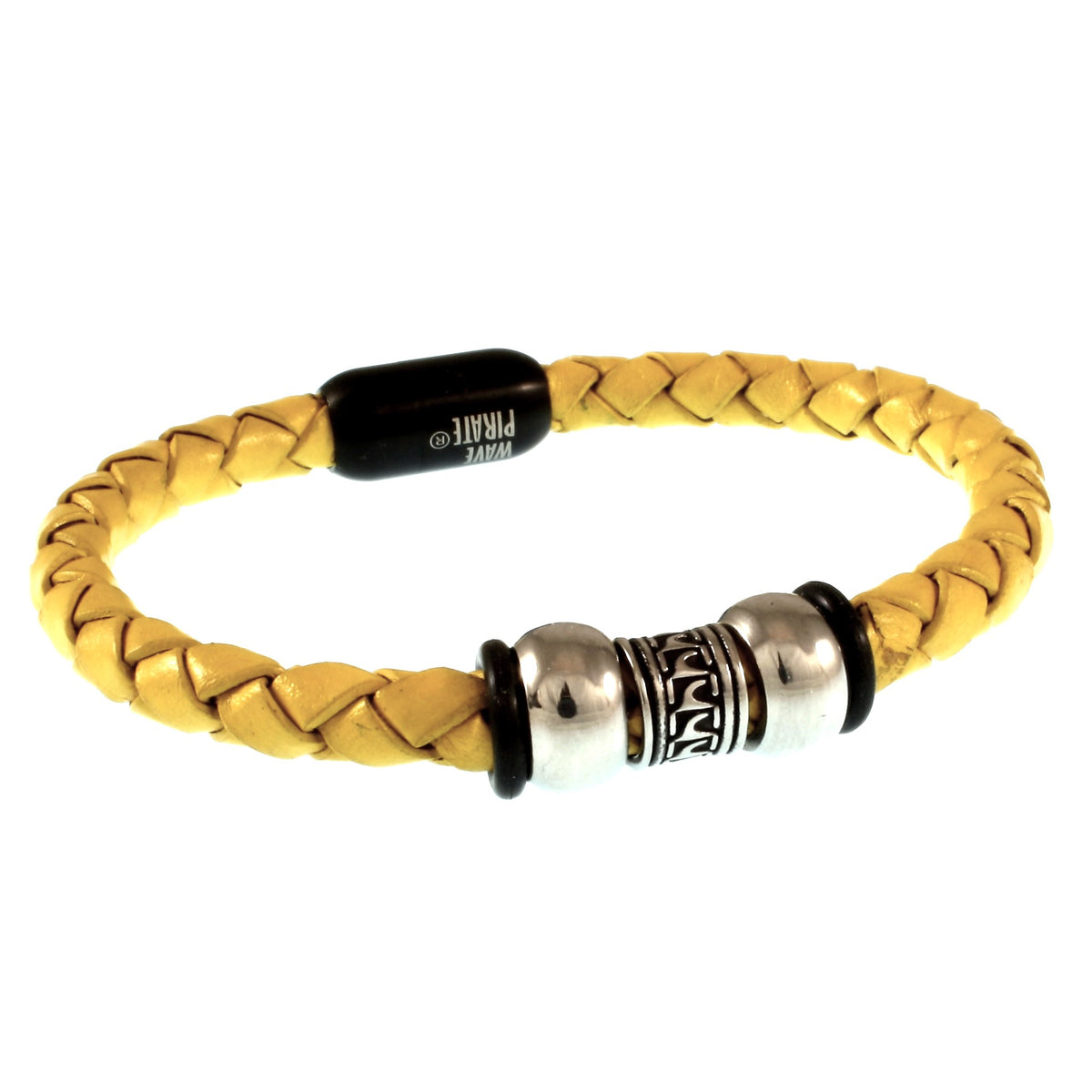 Herren-Leder-Armband-atoll-gelb-schwarz-geflochten-Edelstahlverschluss-vorn-wavepirate-shop-f