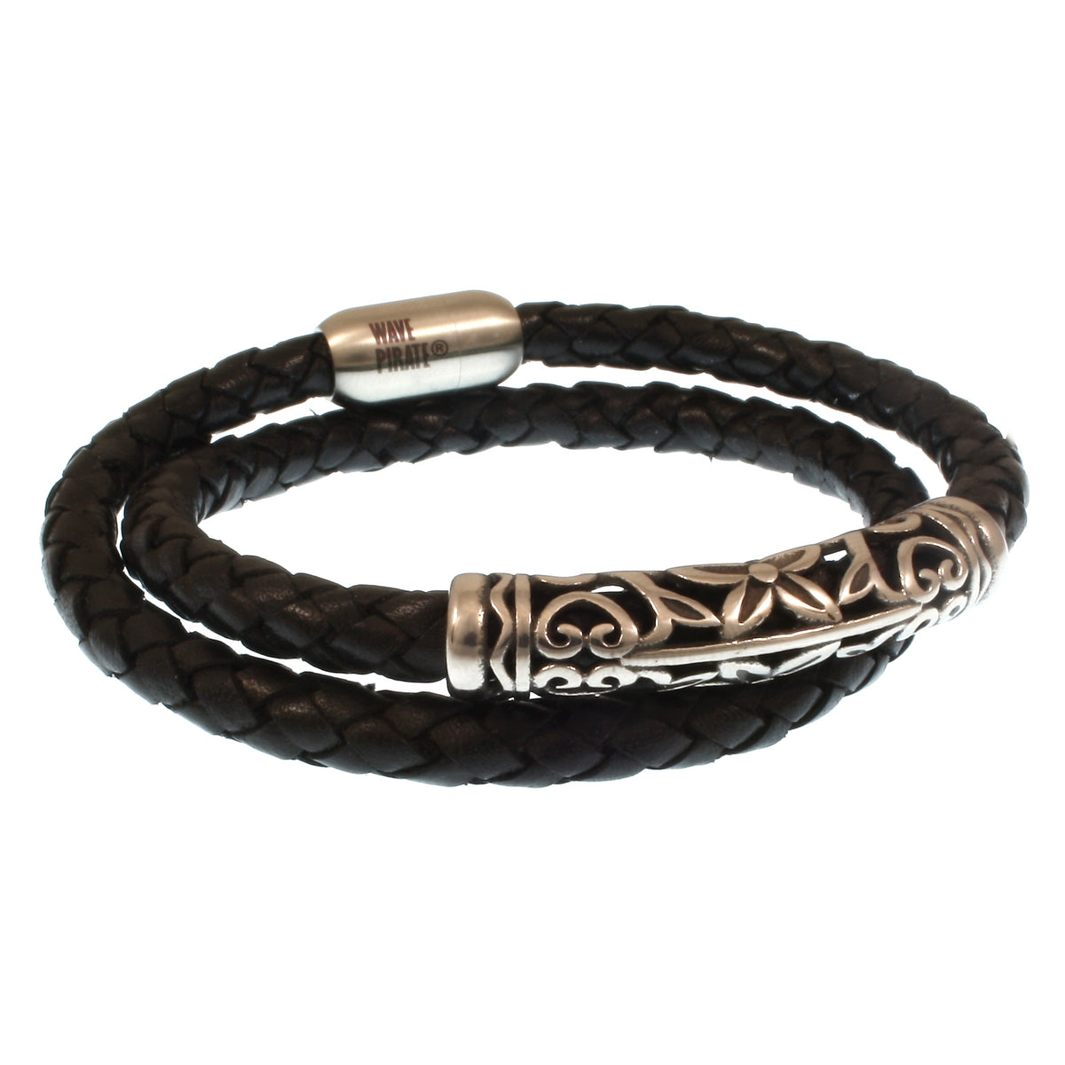 Herren-Leder-Armband-hawaii-xo-schwarz-silber-Edelstahlverschluss-hinten-wavepirate-shop-f