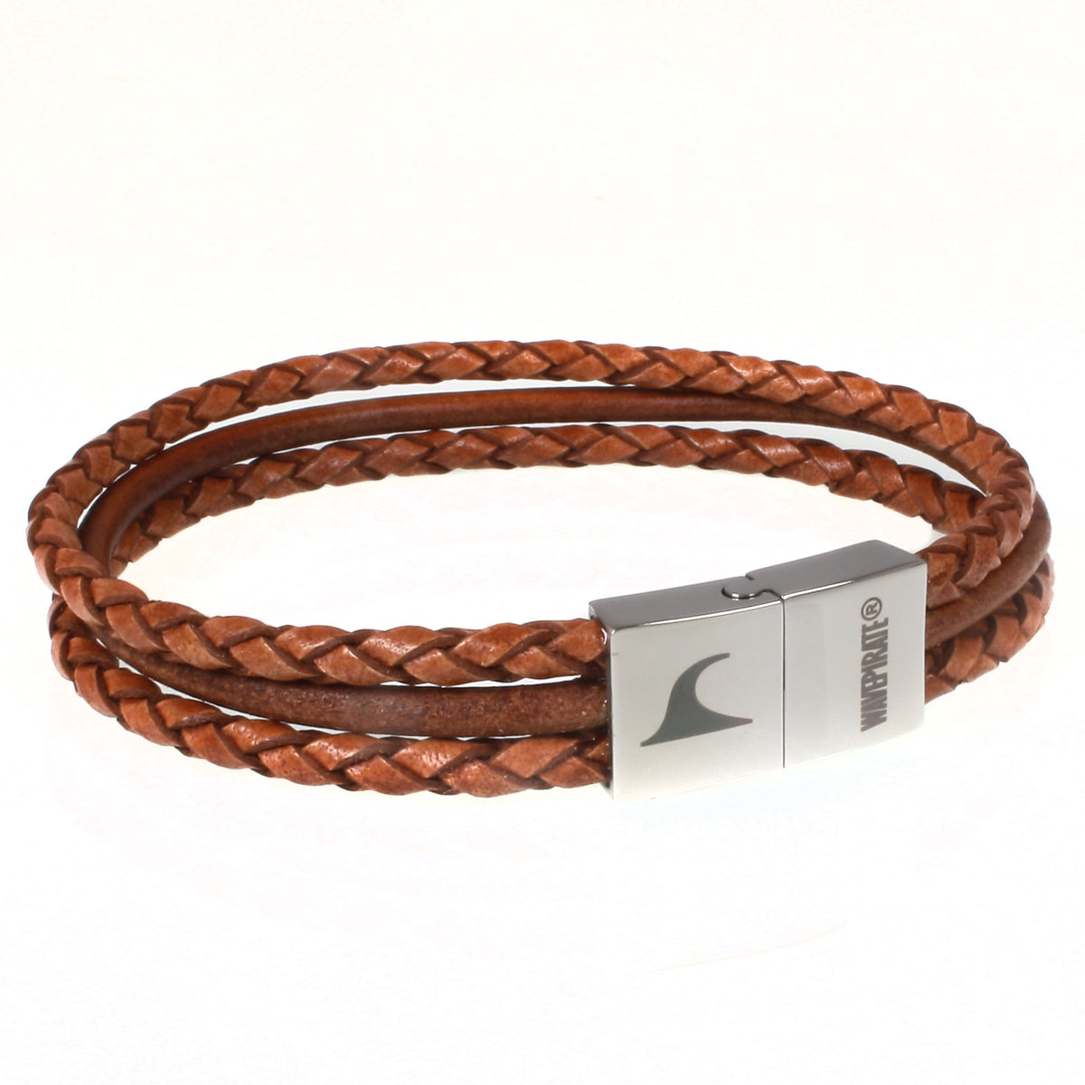 Herren-Leder-Armband-trio-cognac-geflochten-Edelstahlverschluss-vorn-wavepirate-shop