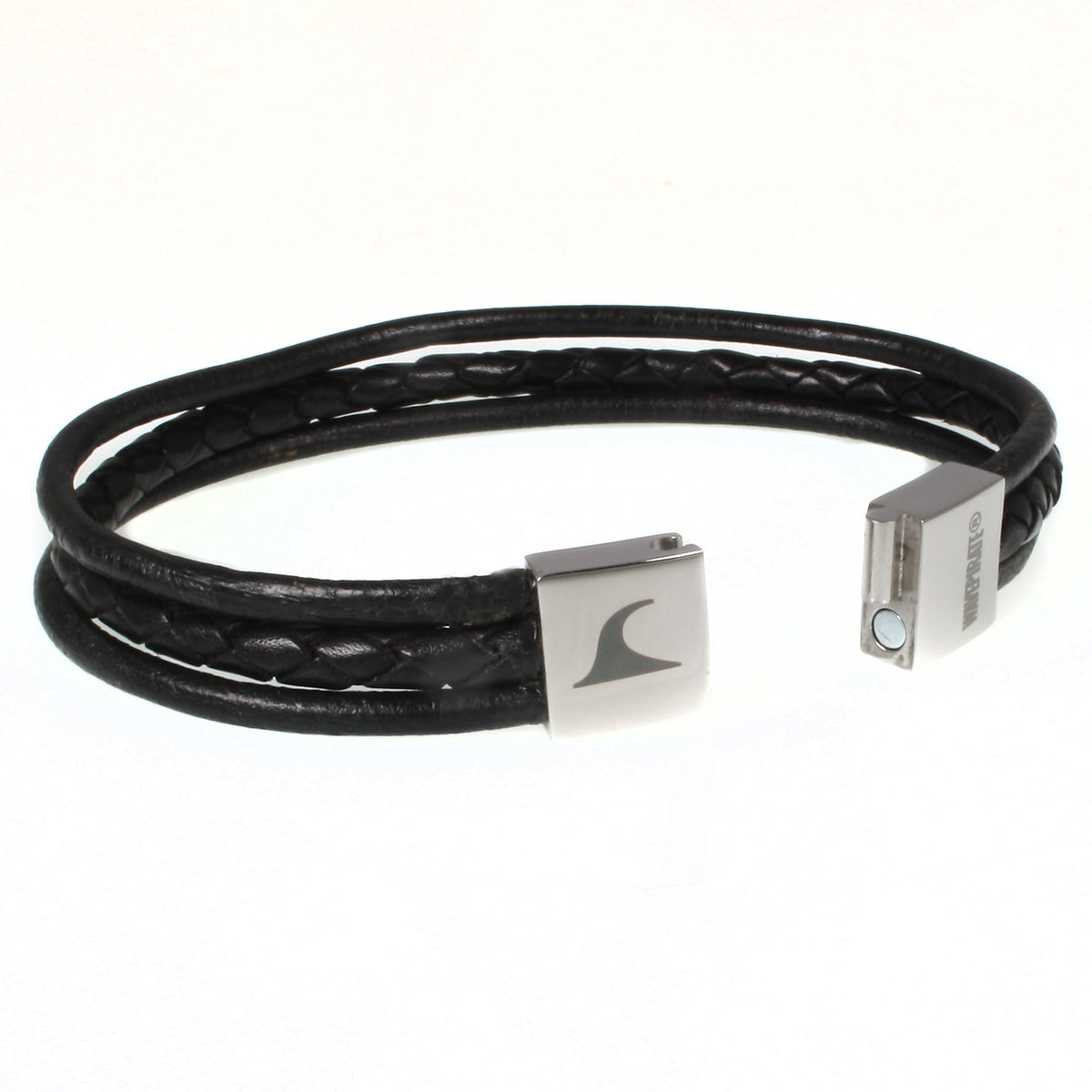 Herren-Leder-Armband-trio-schwarz-geflochten-Edelstahlverschluss-offen-wavepirate-shop