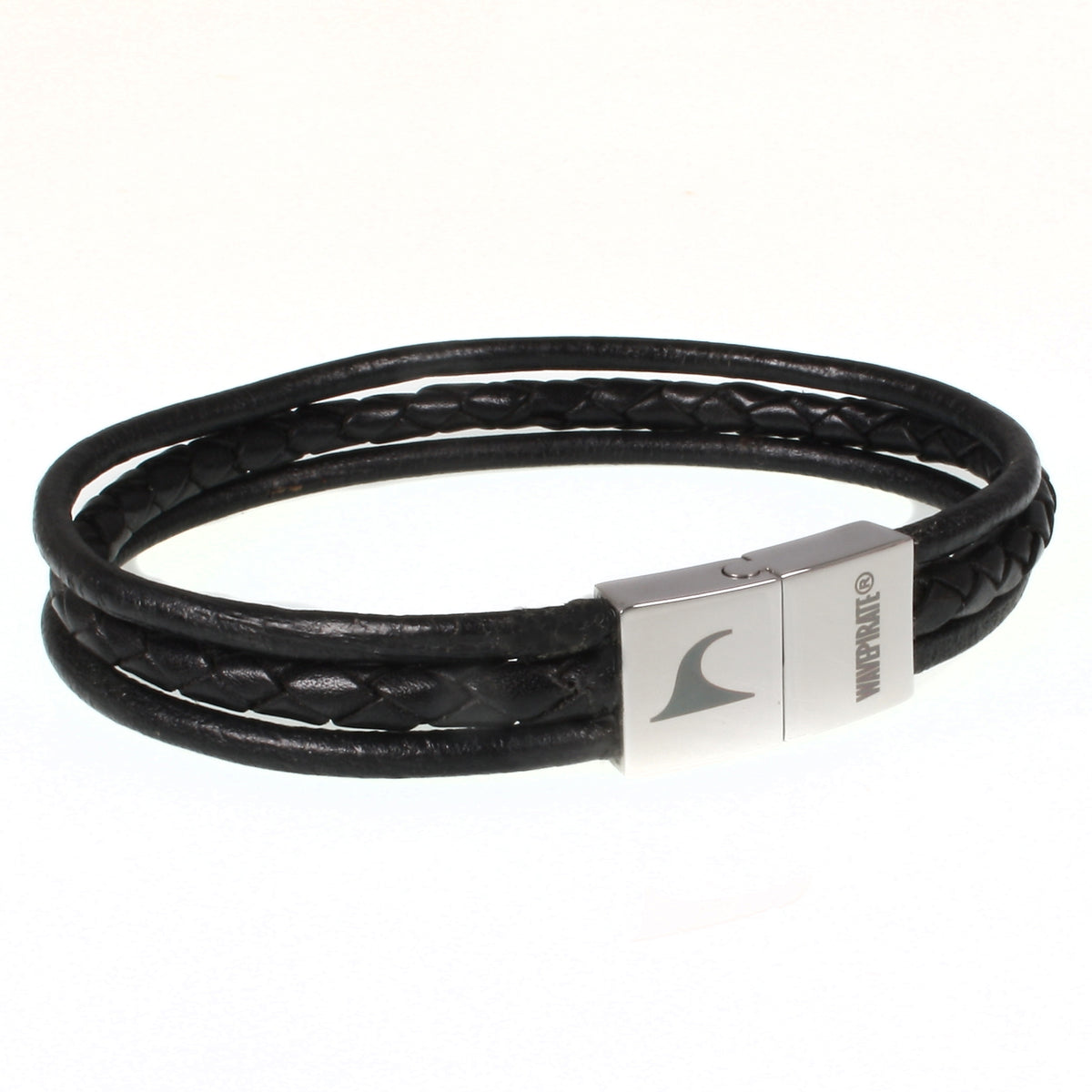 Herren-Leder-Armband-trio-schwarz-geflochten-Edelstahlverschluss-vorn-wavepirate-shop