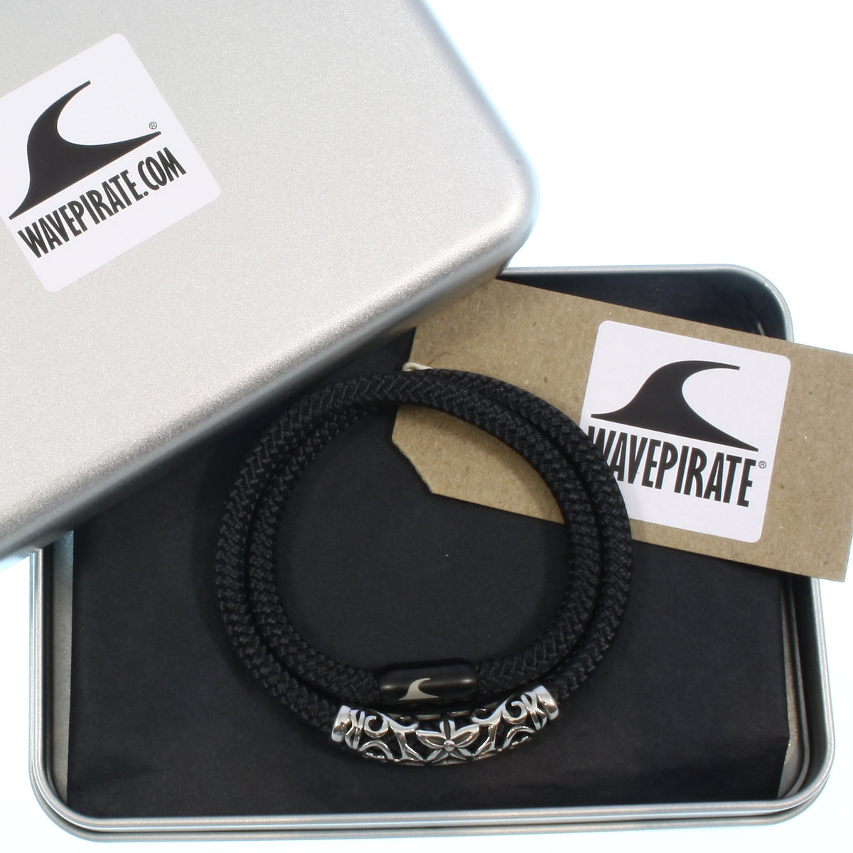 Herren-Segeltau-Armband-hawaii-xo-schwarz-Edelstahlverschluss-geschenkverpackung-wavepirate-shop-st