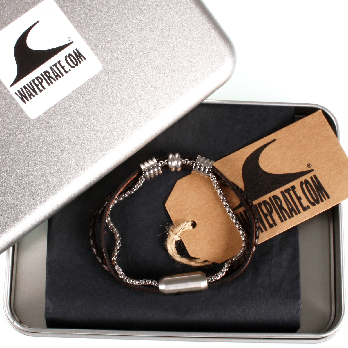 Leder-Armband-Edelstahlkette-Herren-Lex-Cognac-braun-geflochten-Edelstahlverschluss-geschenkverpackung-wavepirate-shop-fr