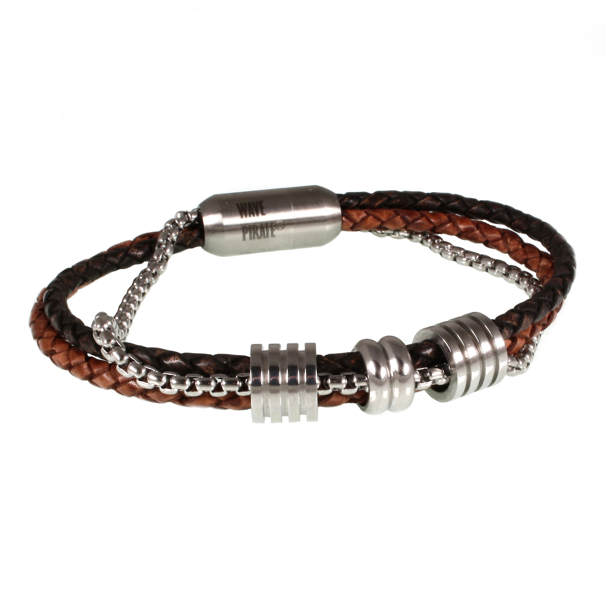 Leder-Armband-Edelstahlkette-Herren-Lex-Cognac-braun-geflochten-Edelstahlverschluss-vorn-wavepirate-shop-ff