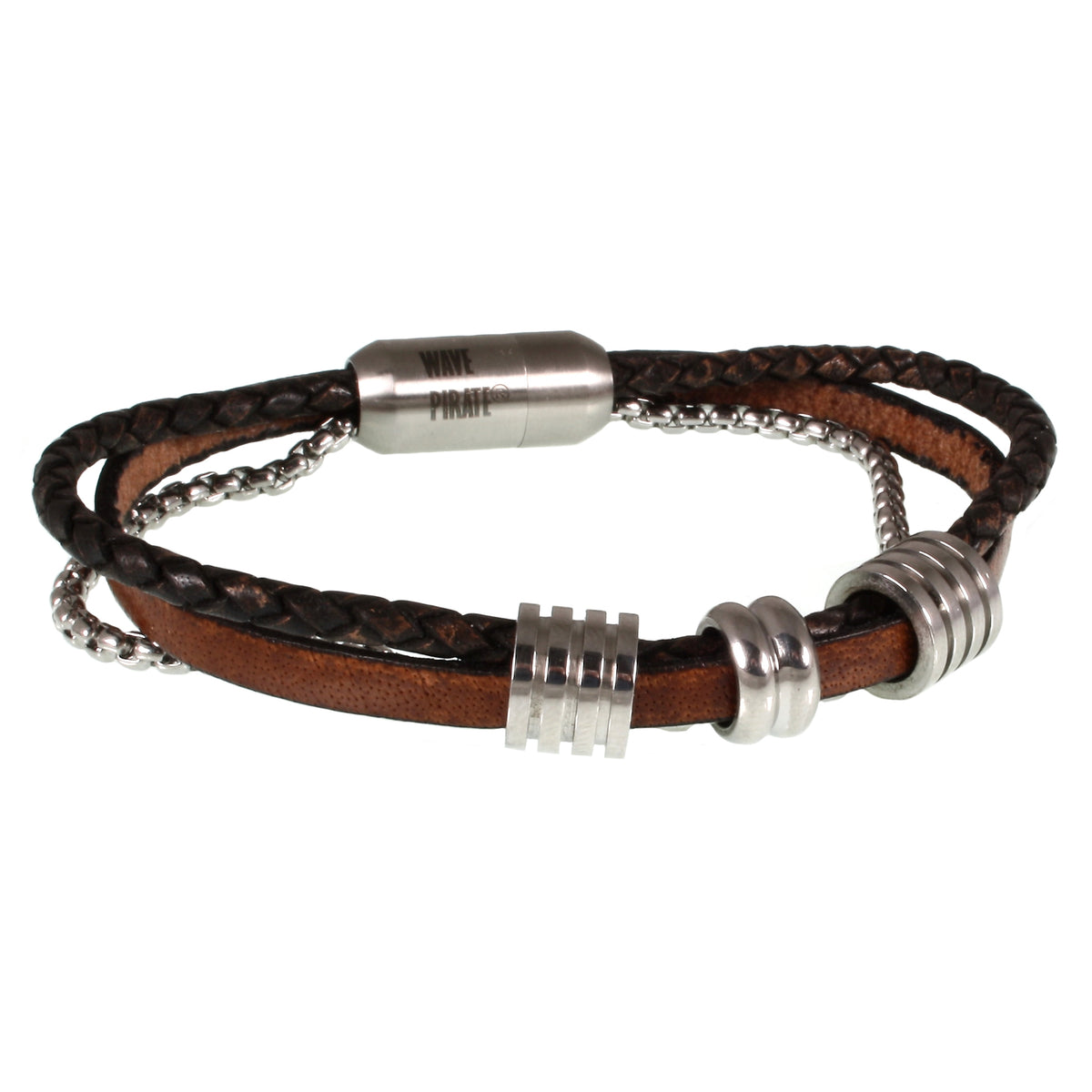 Leder-Armband-Edelstahlkette-Herren-Lex-Cognac-braun-geflochten-Edelstahlverschluss-vorn-wavepirate-shop-fr