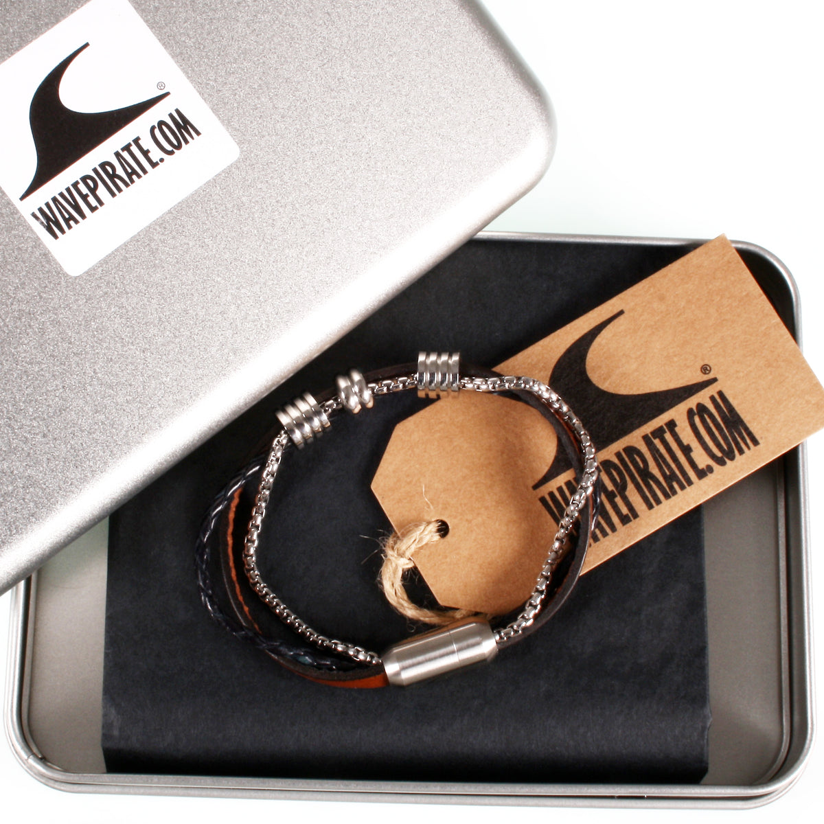 Leder-Armband-Edelstahlkette-Herren-Lex-Cognac-schwarz-geflochten-Edelstahlverschluss-geschenkverpackung-wavepirate-shop-fr