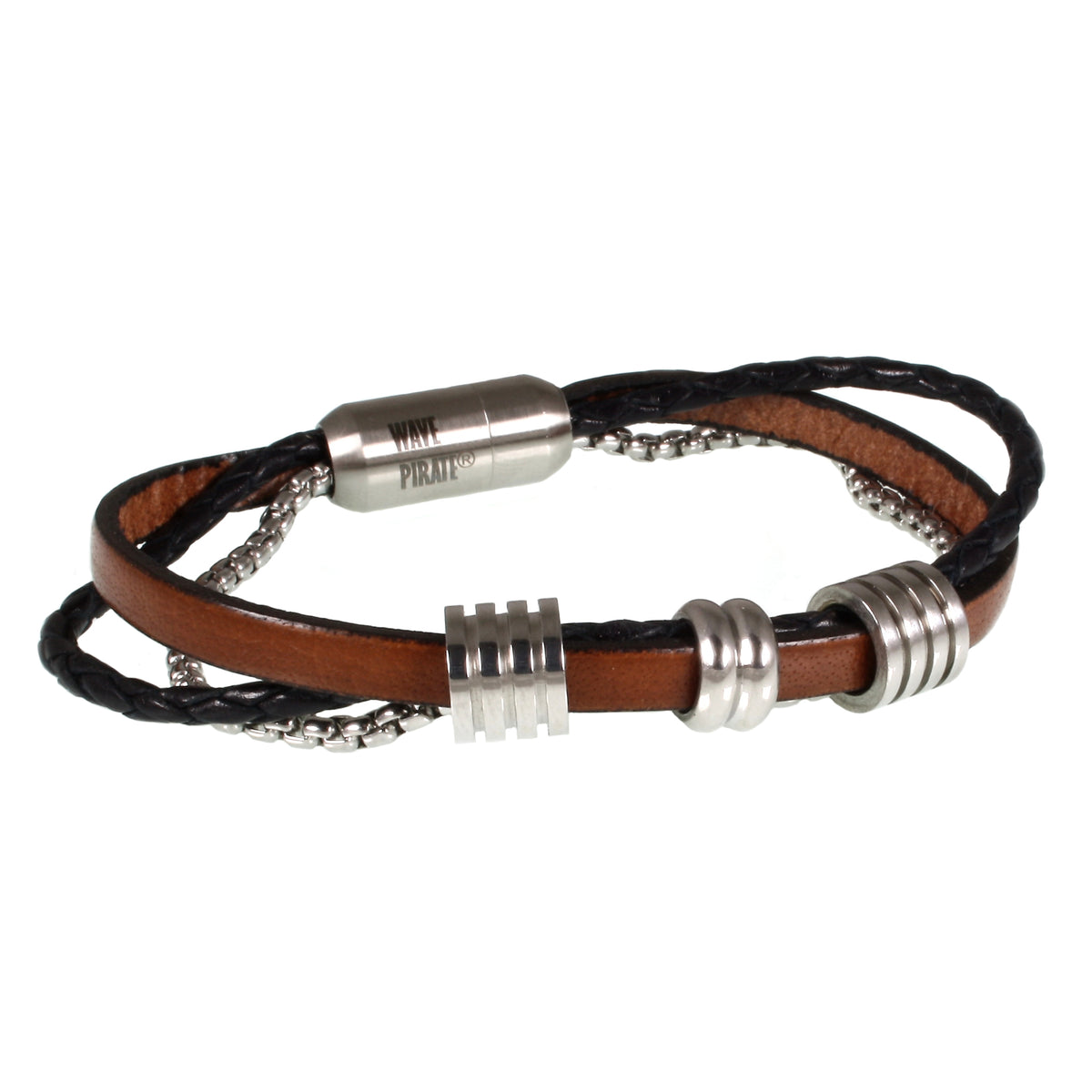 Leder-Armband-Edelstahlkette-Herren-Lex-Cognac-schwarz-geflochten-Edelstahlverschluss-hinten-wavepirate-shop-fr