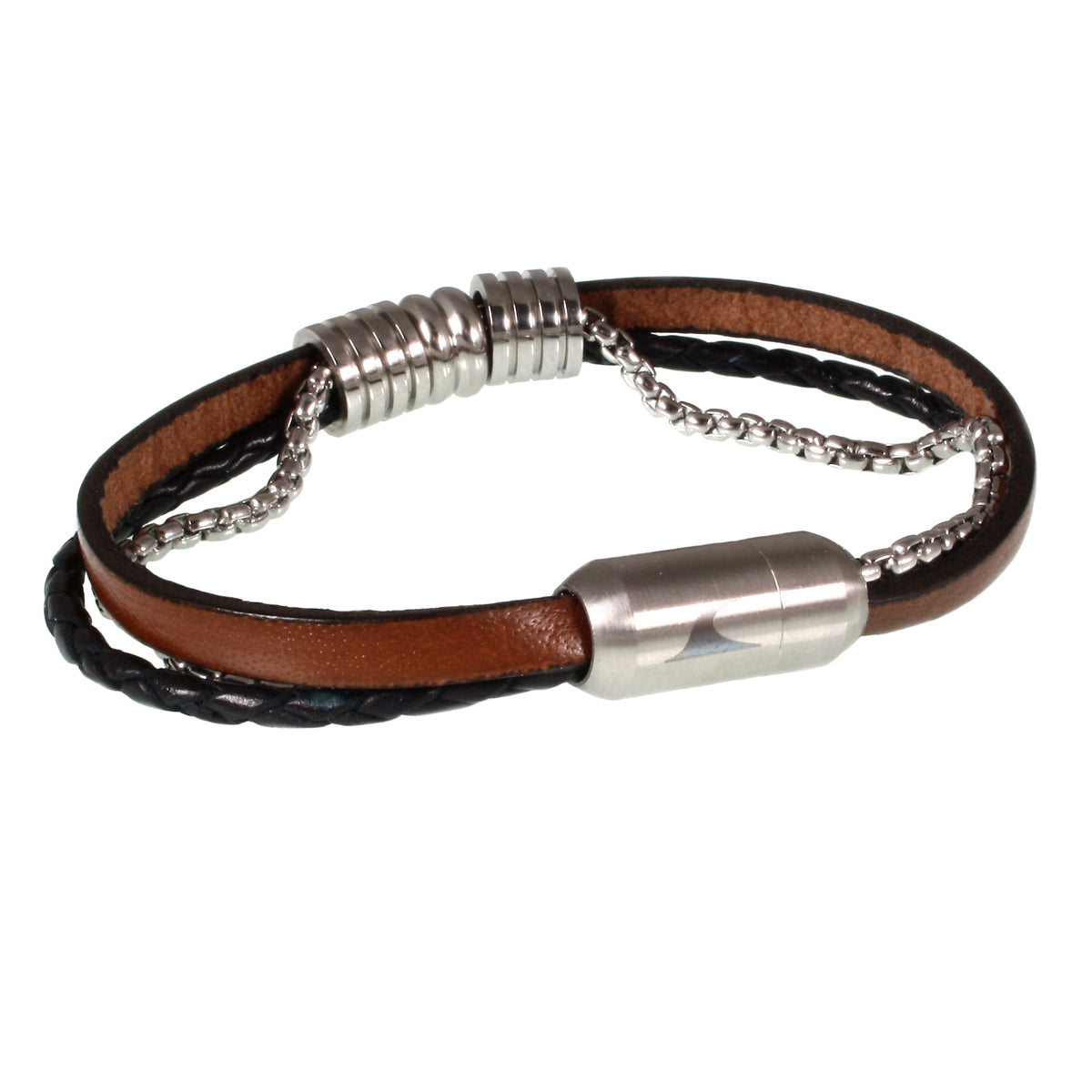Leder-Armband-Edelstahlkette-Herren-Lex-Cognac-schwarz-geflochten-Edelstahlverschluss-vorn-wavepirate-shop-fr
