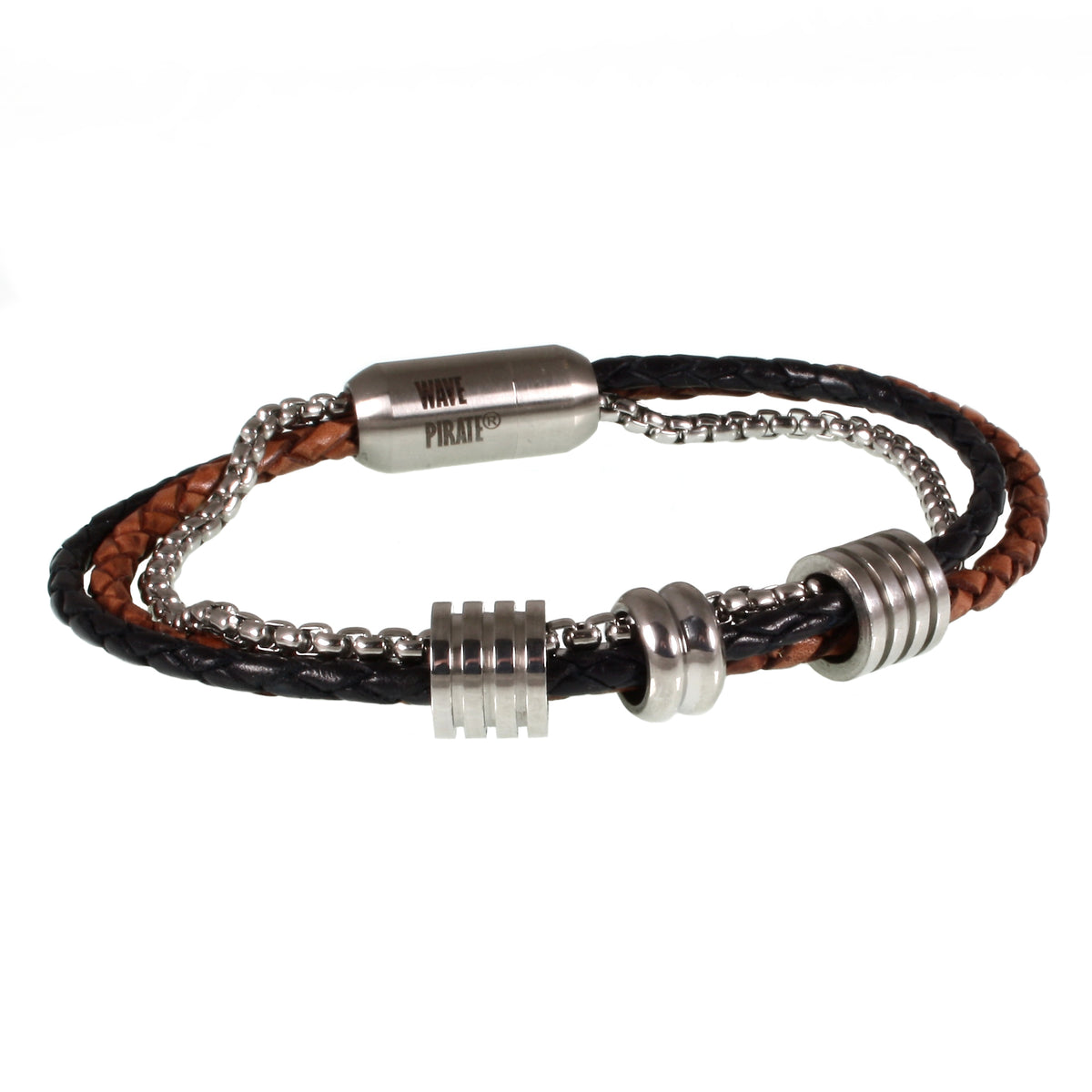Leder-Armband-Edelstahlkette-Herren-Lex-Cognac-schwarz-geflochten-Edelstahlverschluss-vorn-wavepirate-shop-r