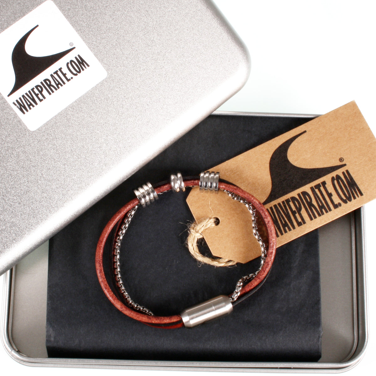 Leder-Armband-Edelstahlkette-Herren-Lex-Mahagoni-geflochten-Edelstahlverschluss-geschenkverpackung-wavepirate-shop-fr
