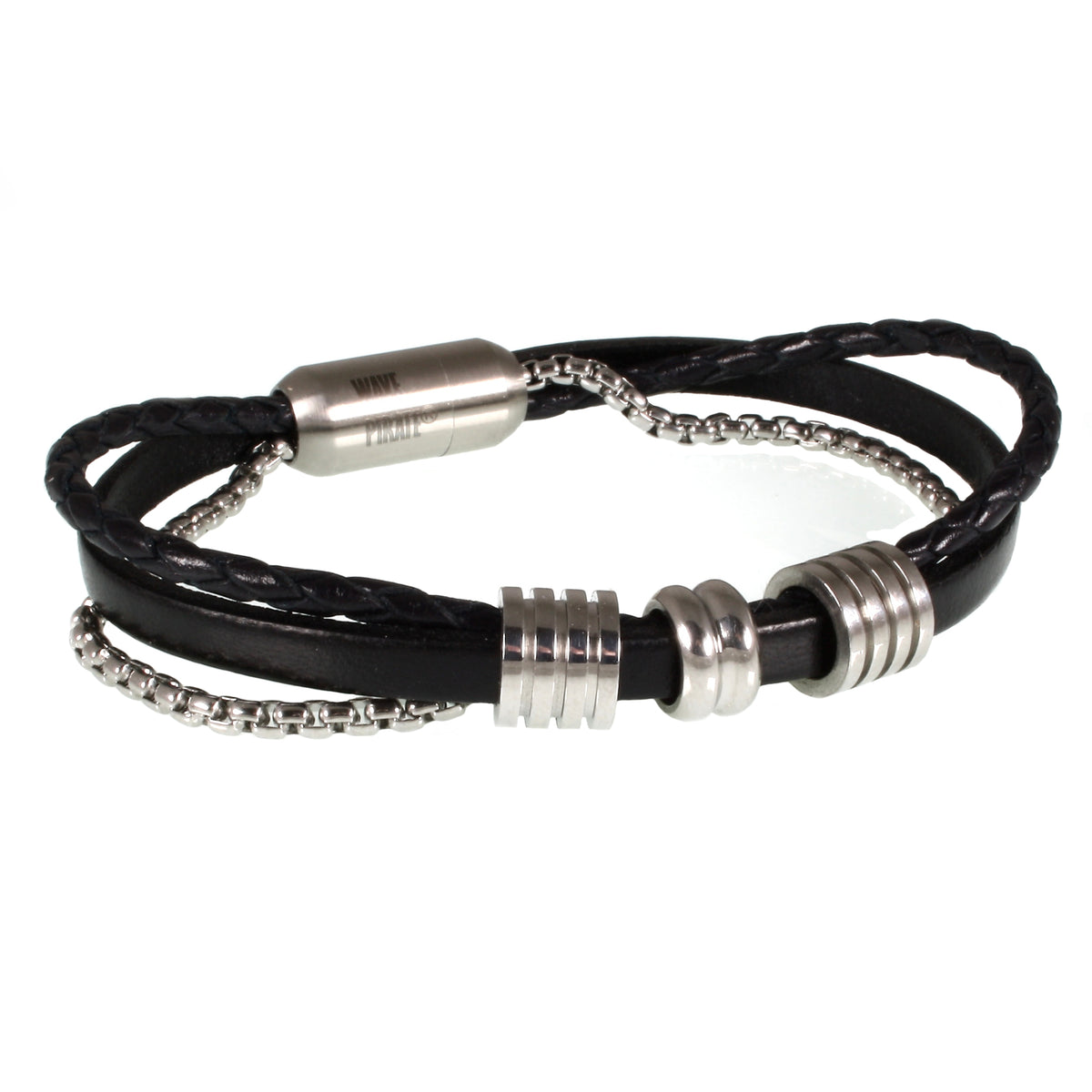 Leder-Armband-Edelstahlkette-Herren-Lex-Schwarz-geflochten-Edelstahlverschluss-hinten-wavepirate-shop-fr