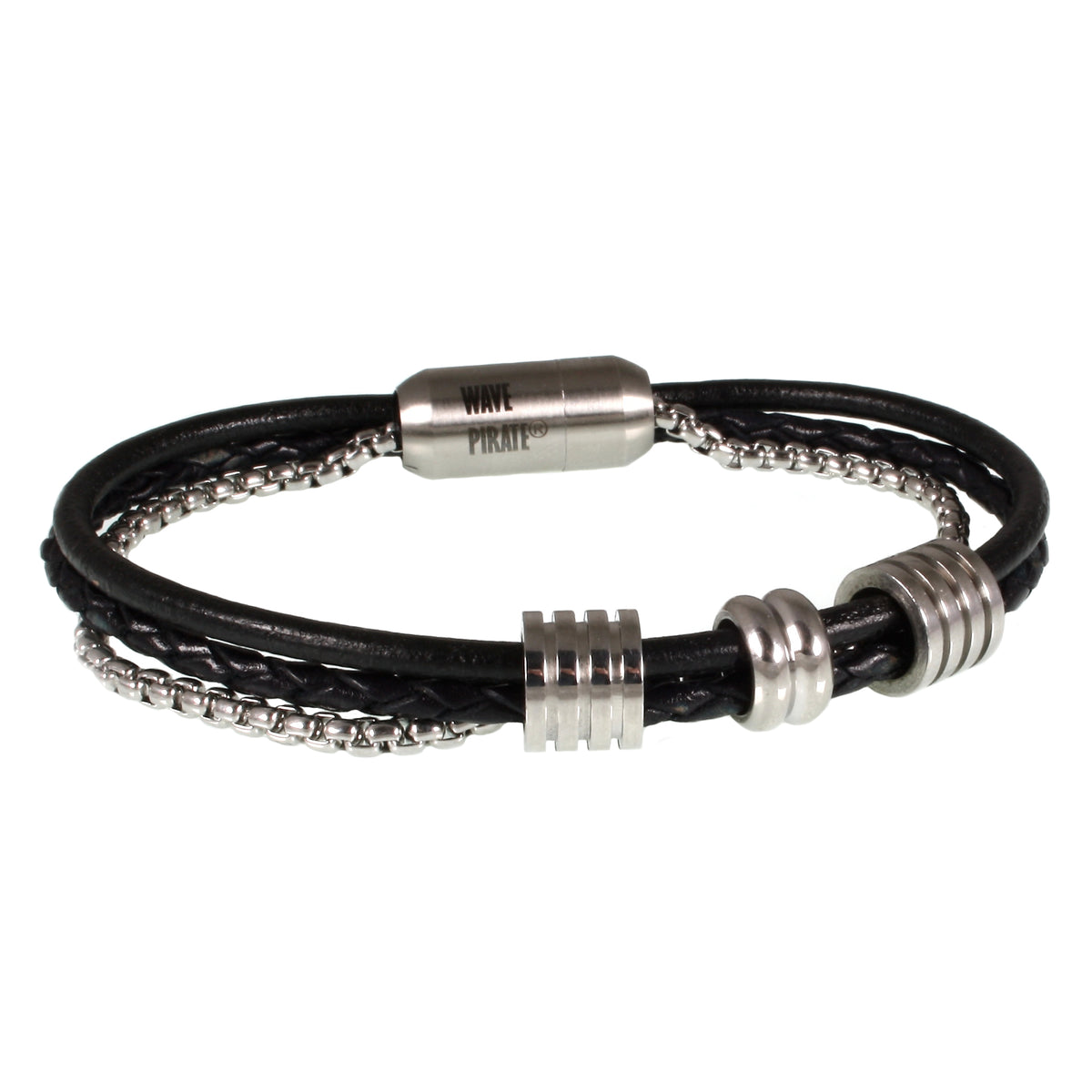 Leder-Armband-Edelstahlkette-Herren-Lex-Schwarz-geflochten-Edelstahlverschluss-vorn-wavepirate-shop-r