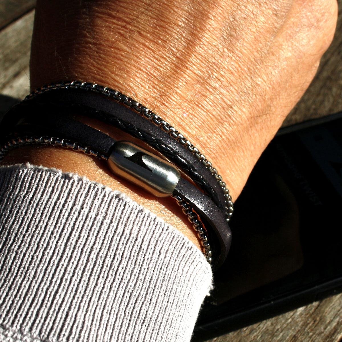 Leder-Armband-Edelstahlkette-Herren-Mixed-grau-schwarz-rund-Edelstahlverschluss-getragen-wavepirate-shop-lfs