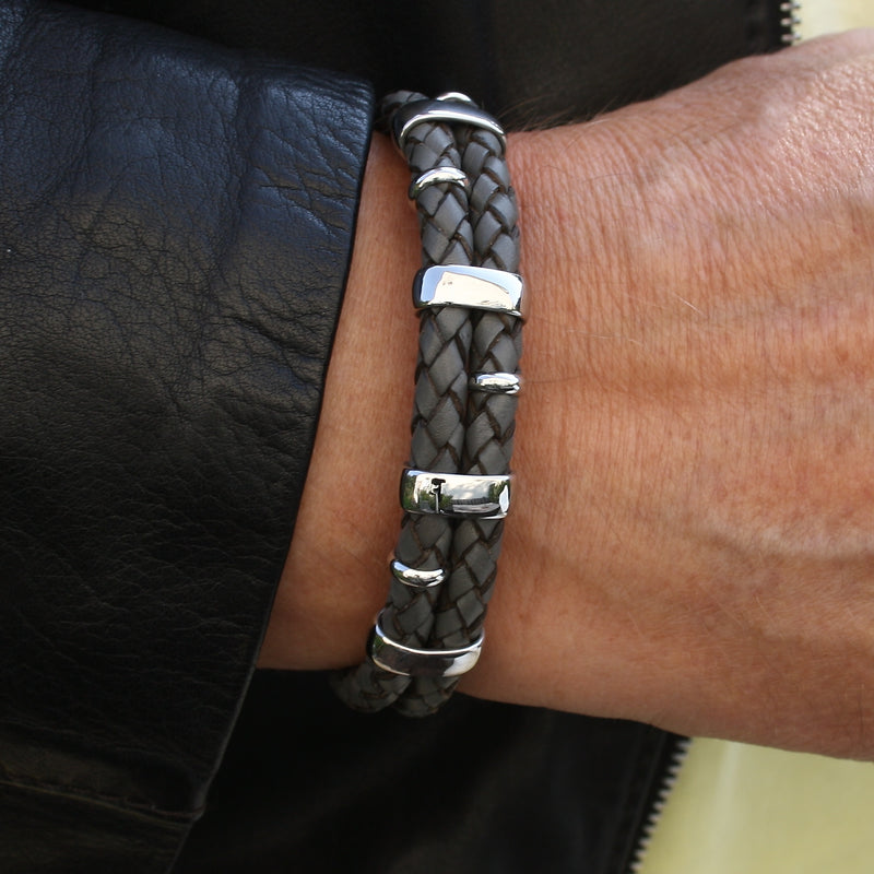 Leder-Armband-Herren-Afrika-grau-geflochten-Edelstahlverschluss-getragen-wavepirate-shop-f