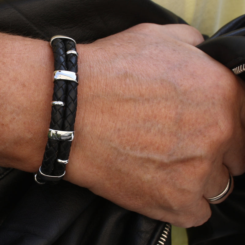 Leder-Armband-Herren-Afrika-schwarz-geflochten-Edelstahlverschluss-getragen-wavepirate-shop-f