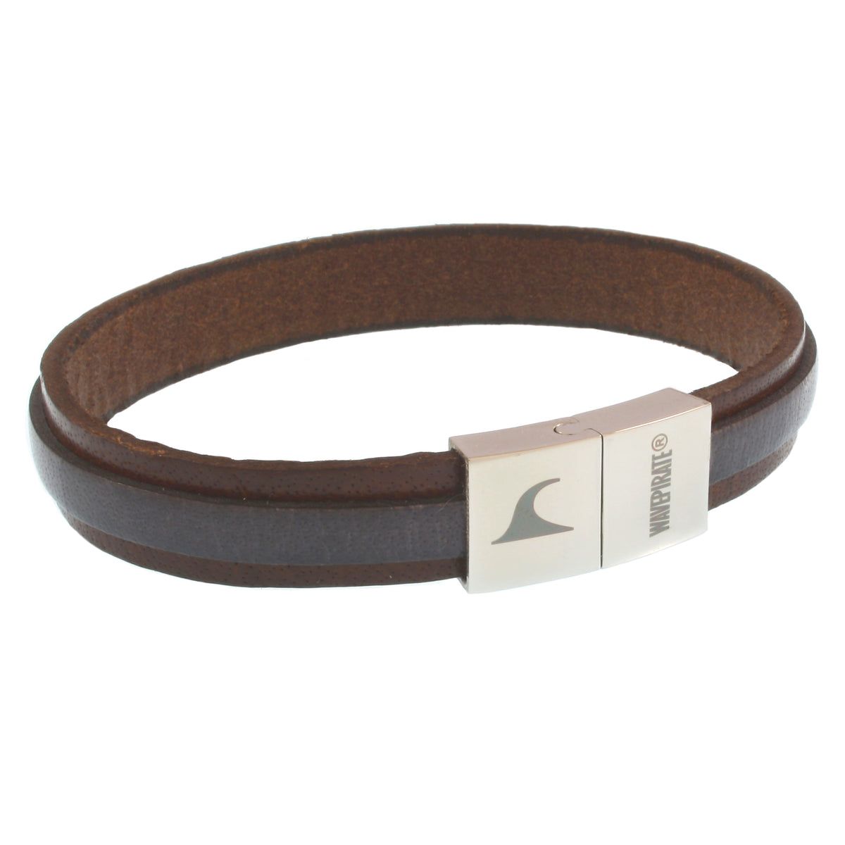 Leder-Armband-Herren-Line-braun-grau-flach-Edelstahlverschluss-vorn-wavepirate-shop