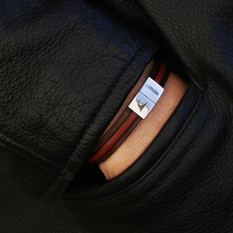 Leder-Armband-Herren-Line-braun-mahagoni-flach-Edelstahlverschluss-getragen-wavepirate-shop