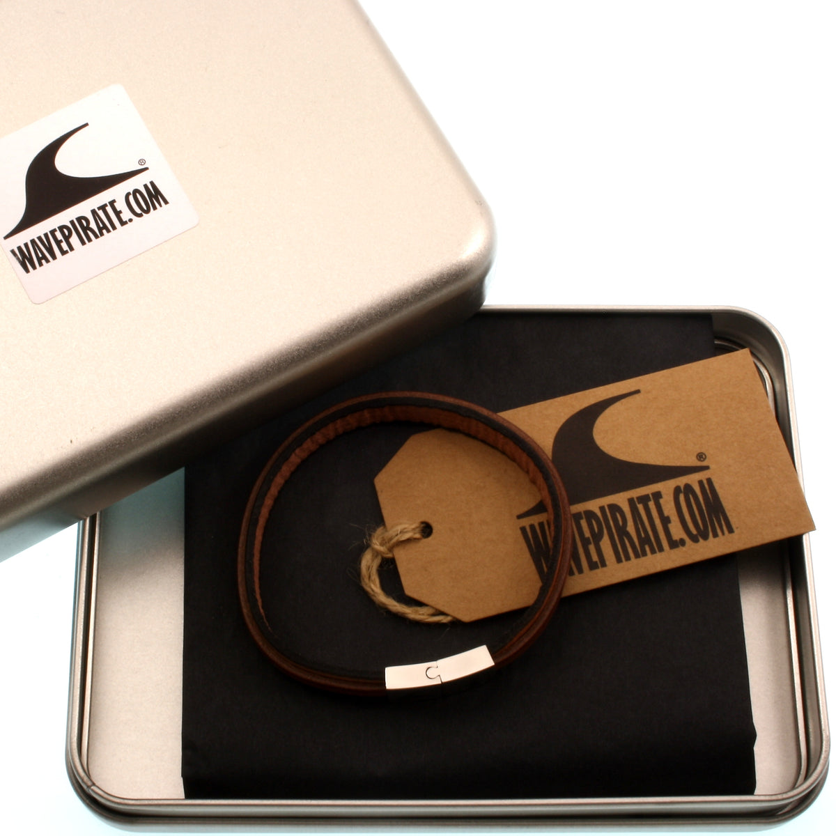 Leder-Armband-Herren-Line-cognac-elfenbein-flach-Edelstahlverschluss-geschenkbox-wavepirate-shop