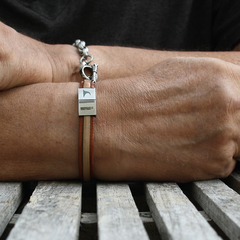 Leder-Armband-Herren-Line-cognac-elfenbein-flach-Edelstahlverschluss-getragen-wavepirate-shop
