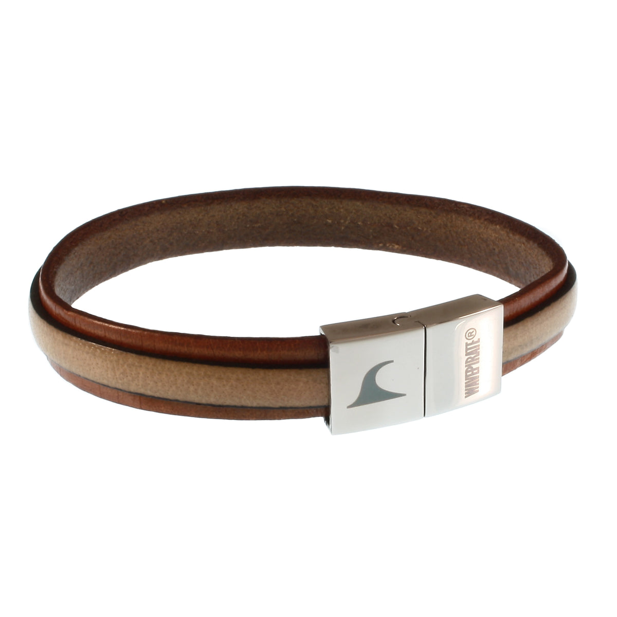 Leder-Armband-Herren-Line-cognac-elfenbein-flach-Edelstahlverschluss-vorn-wavepirate-shop