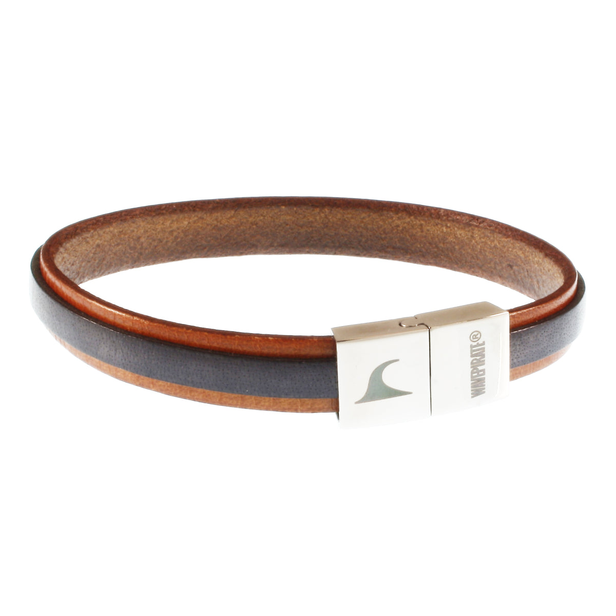 Leder-Armband-Herren-Line-cognac-grau-flach-Edelstahlverschluss-vorn-wavepirate-shop
