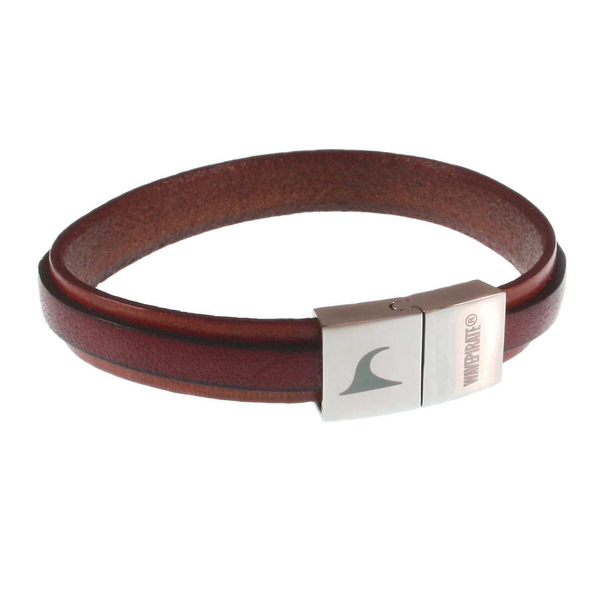 Leder-Armband-Herren-Line-cognac-mahagoni-flach-Edelstahlverschluss-vorn-wavepirate-shop