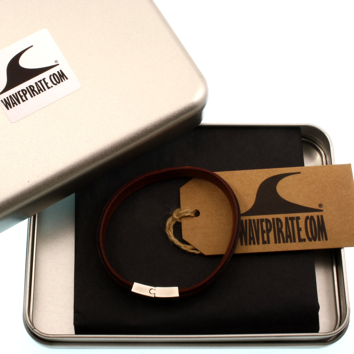 Leder-Armband-Herren-Line-creme-mahagoni-flach-Edelstahlverschluss-geschenkbox-wavepirate-shop
